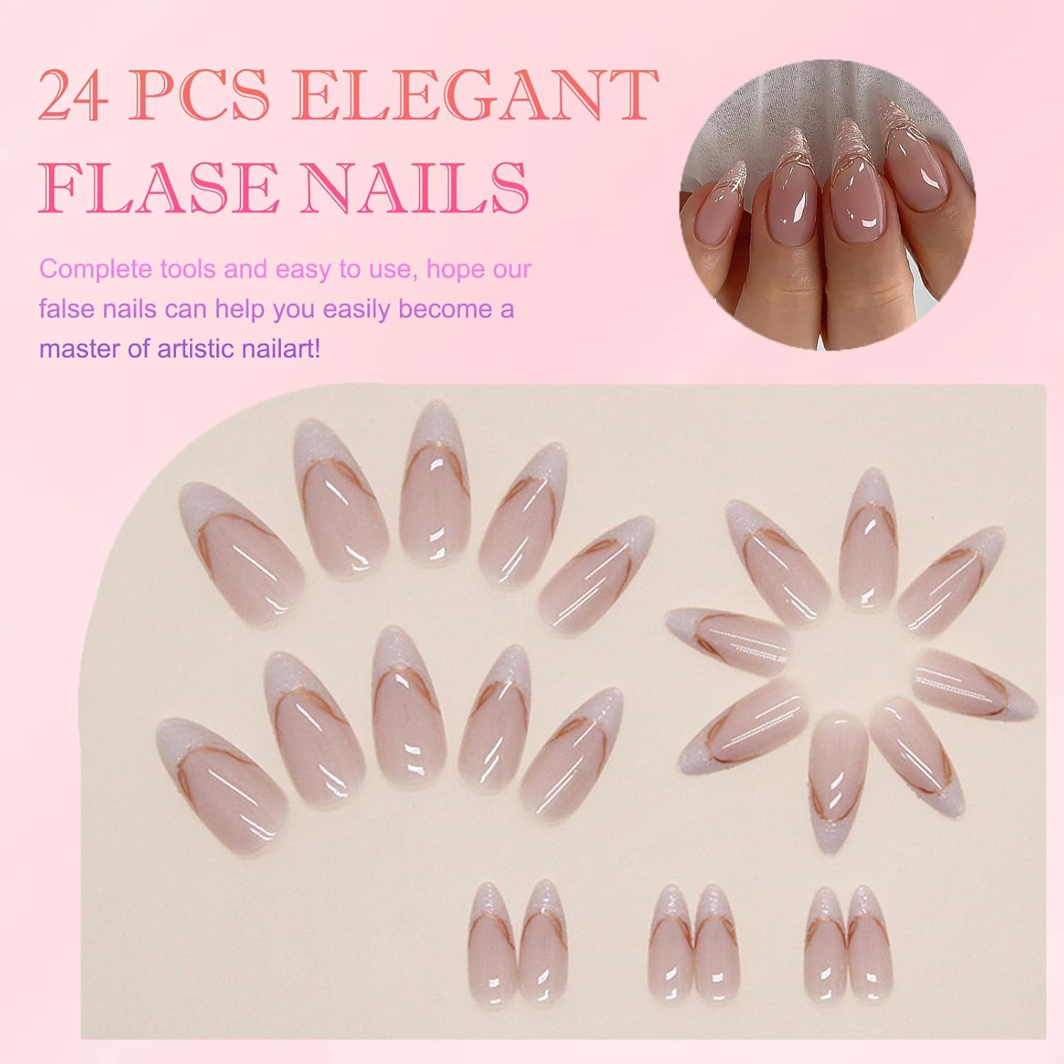 24Pcs Short Almond Press on Nails &ndash; Rough Gold Edge French Tip Fake Nails &ndash; 3D Stripes Acrylic Stick on with Accessory Tool Eco-Friendly ABS Resin Nude False for Women Full Kit image number 5