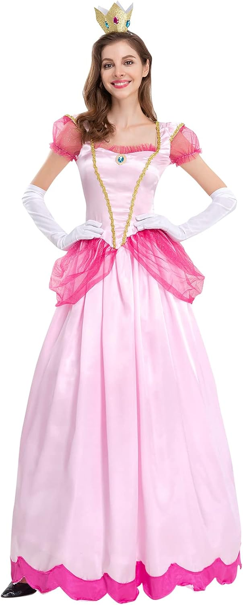 AFAVOM Princess Peach Costume with Crown and Gloves for Adult Women Halloween Birthday Party Dress up Fancy Cosplay Outfit image number 5