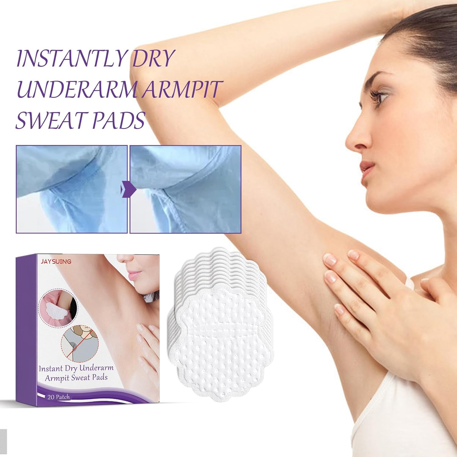 Instant Dry Underarm Sweat Pads, Disposable Armpit Perspiration Patches, 20 Pack, White
