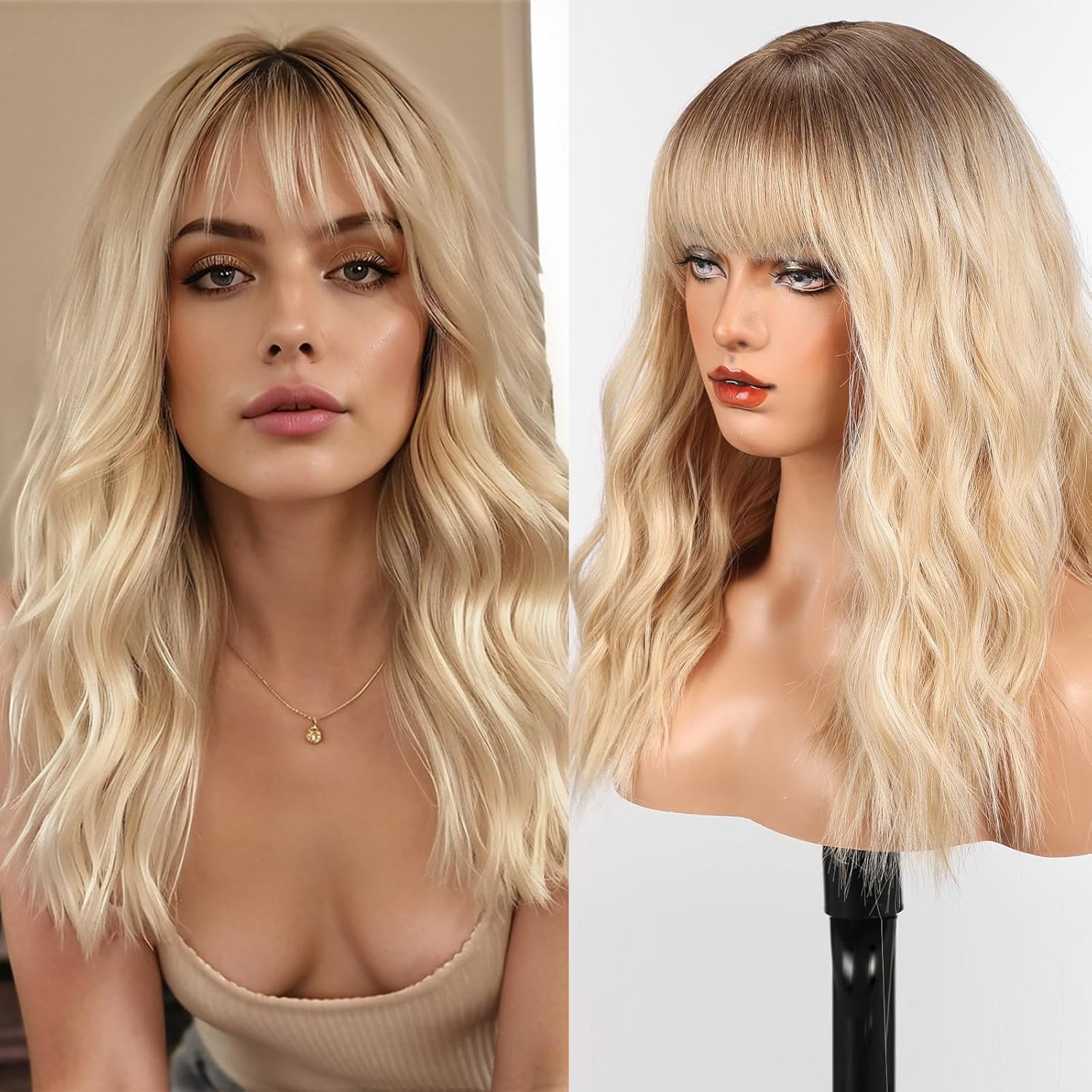 WOKESTAR Long Wig with Fringe Synthetic Wavy Wigs for Women Blonde with Highlights Color image number 2