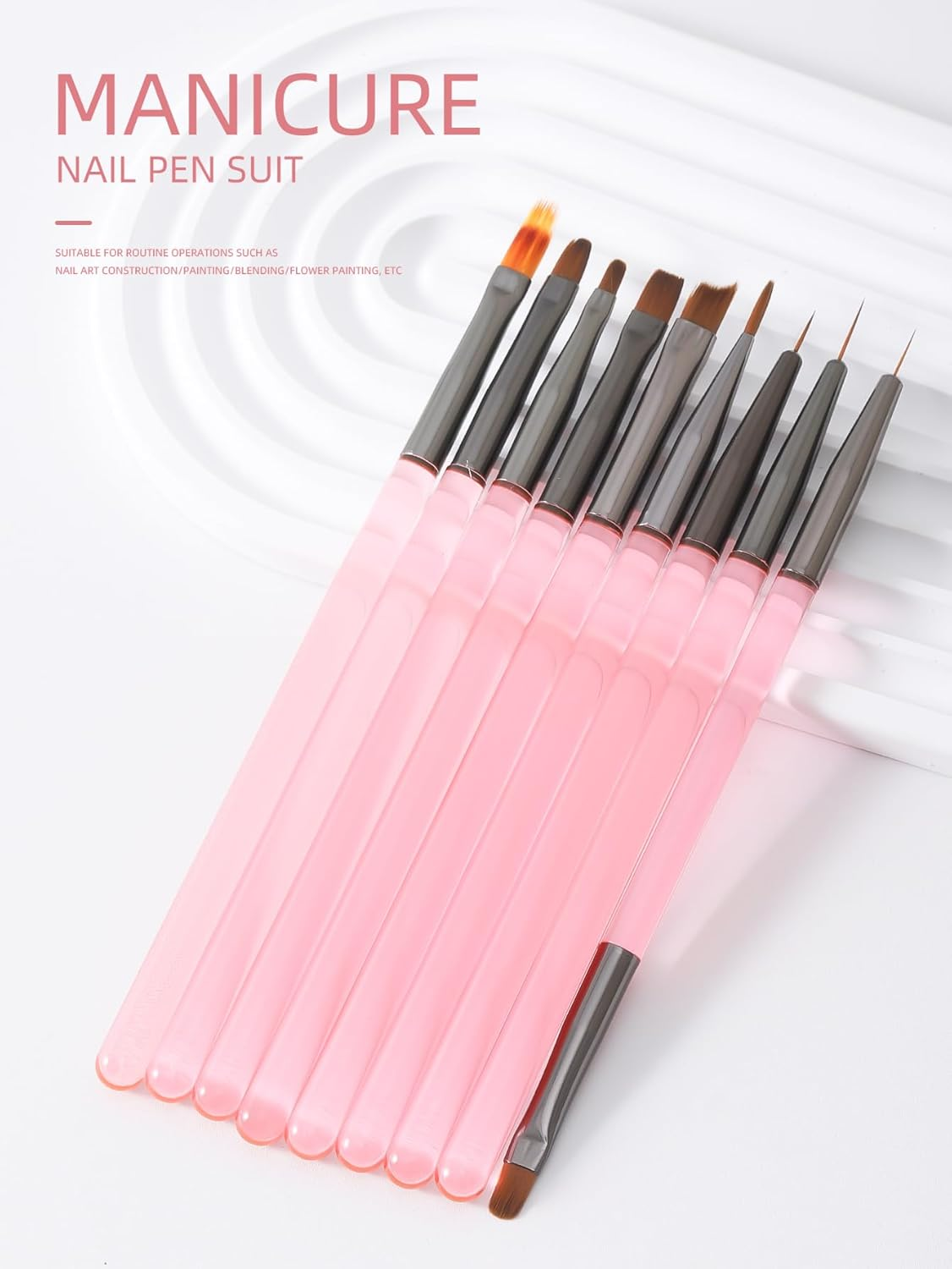 ZEOHBETY Nail Art Brushes Set, 9Pcs Nail Design Painting Brushes, Professional Nail Art Design Brushes, Nail Fine Liner Brushes, Pink image number 2