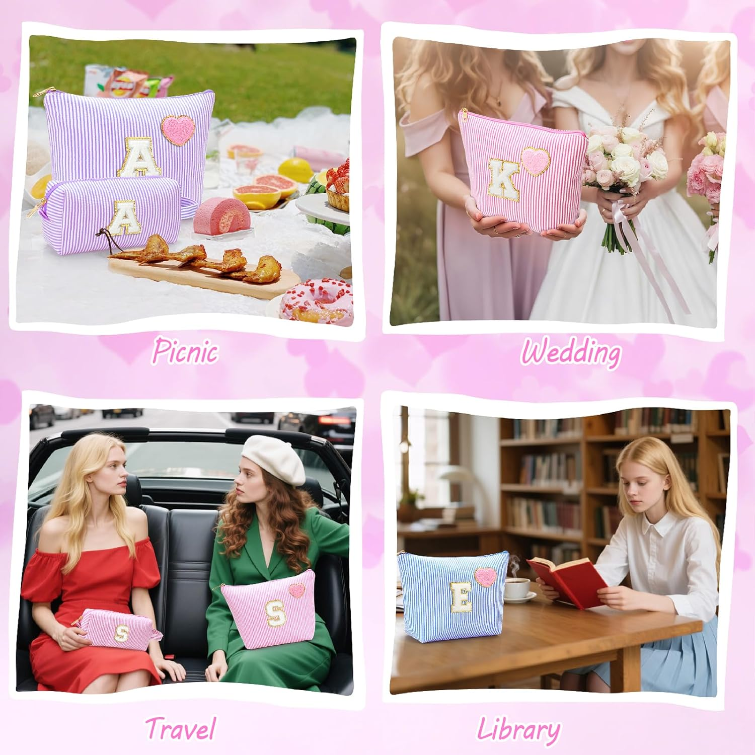 YILANCOL Initial Makeup Bag Personalized Preppy Cosmetic Bag Trendy Toiletry Travel Bag for Teen Girls Kids Women Letter Makeup Pouch Purse Holiday Gifts Birthday Christmas Gifts 2Pack, Pink image number 4