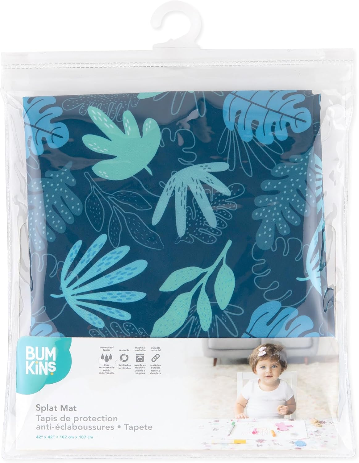 Bumkins Baby Splat Mat for under High Chair, Babies Toddlers Eating Mess Mat, Waterproof Reusable Cloth for Arts and Crafts, Playtime Mat for Kids, Floors or Tables, Fabric 42Inx42In, Blue Tropic image number 5