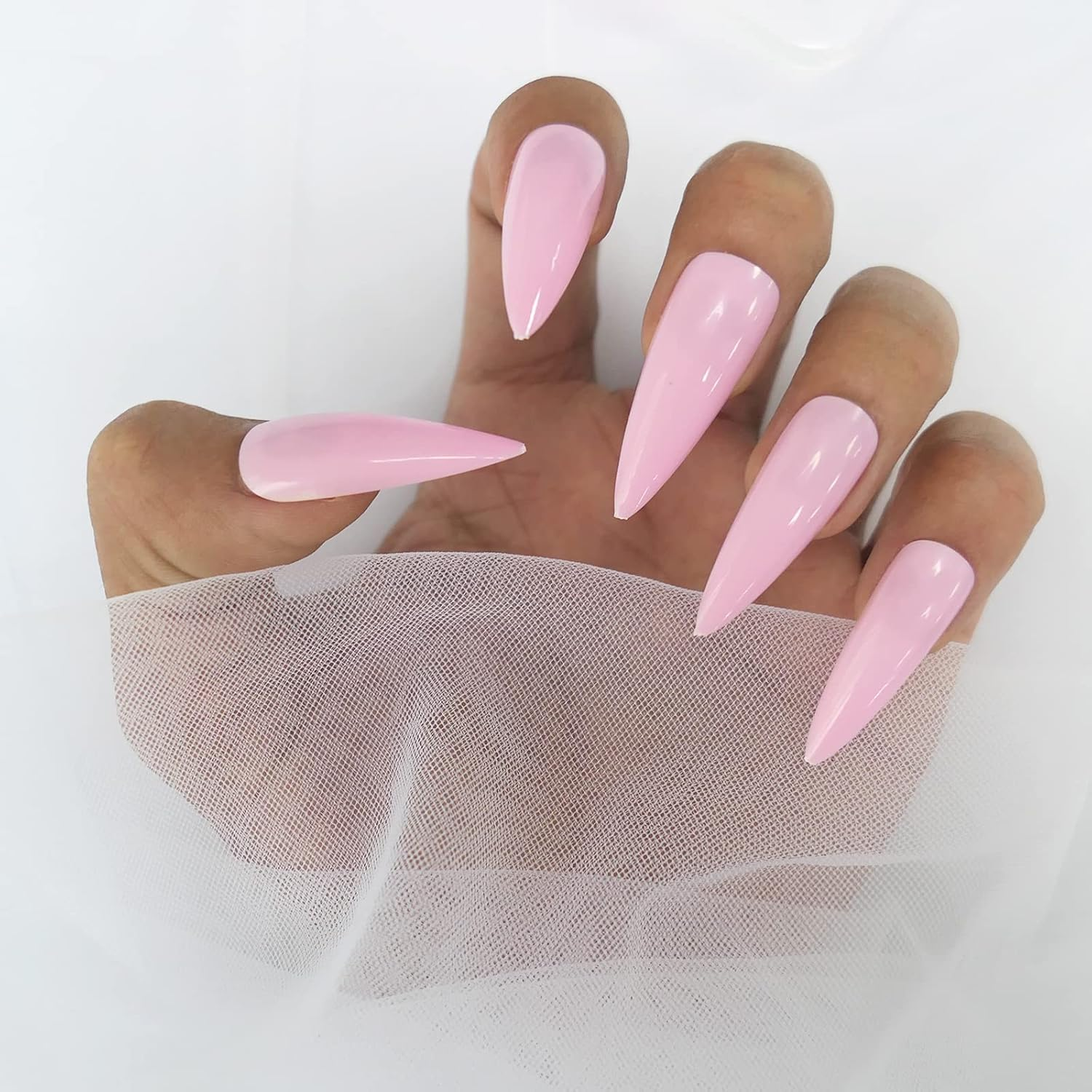 Medium Long Press on Nails,Glossy Fake Nail 100Pc Full Cover Acrylic Long Stiletto False Nail Art Tips Fingernails for Beginner Women and Girls Manicure(Peach Pink）
