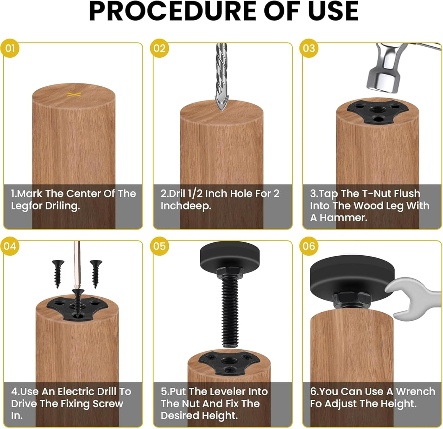 4PCS Heavy Duty 3/8"-16 Thread Adjustable Furniture Leveling Feet with T-Nut Kit,Threaded Leveling Feet,Large Base Furniture Levelers Support for Cabinets,Tables,Chairs,Sofa,Workbench (Black) image number 3