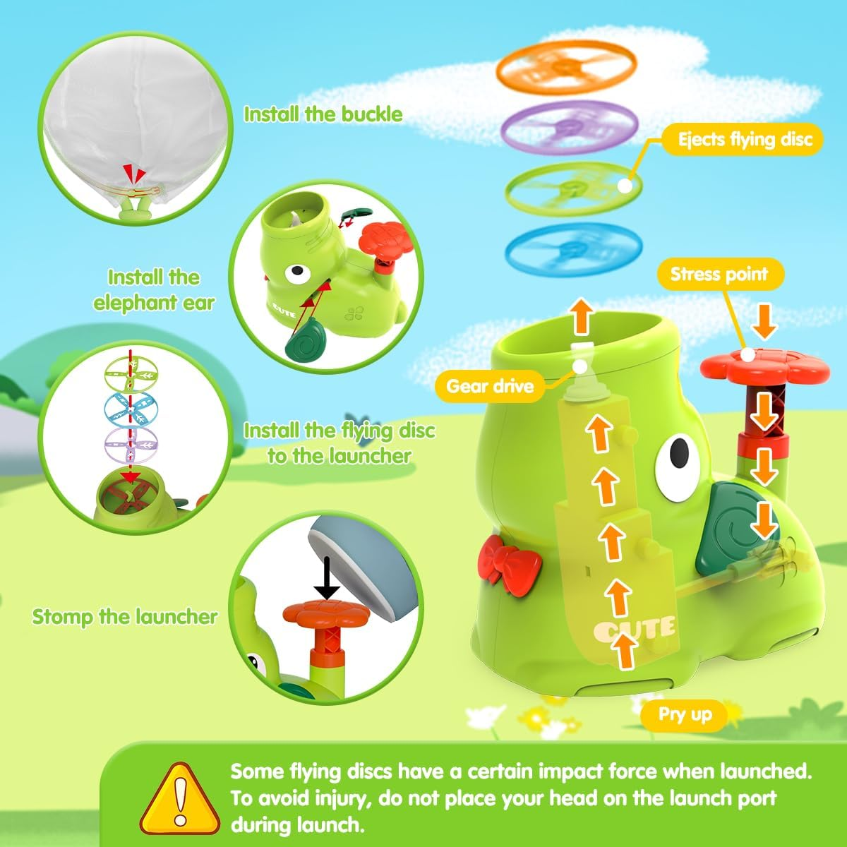 YOLOMOON Kids Outdoor Toys for 3 4 5 6 7 8 Years Old Boys, Stomp Flying Discs Launcher Toys Catch Games, outside Toy for Toddlers Age 3-5 6-8, Elephant Indoor Outdoor Play Summer Gifts (Green) image number 5