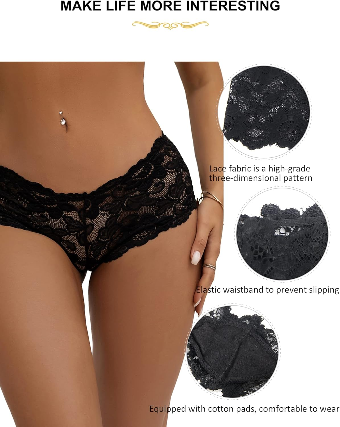 Ohmydear Floral Lace French Knickers plus Size Ladies Pants Full Bikini Briefs Cheeky Brazilian Underwear for Women Stretchy Hipster Panties Size 10-24 image number 2