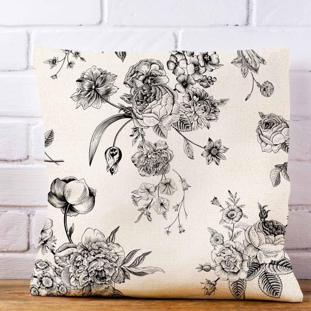 IBILIU Throw Pillow Covers Vintage Floral with Victorian Bouquet of Black Flowers on Garden Roses Tulips Delphinium Petunia Cushion Pillow Case 18X18 Inches