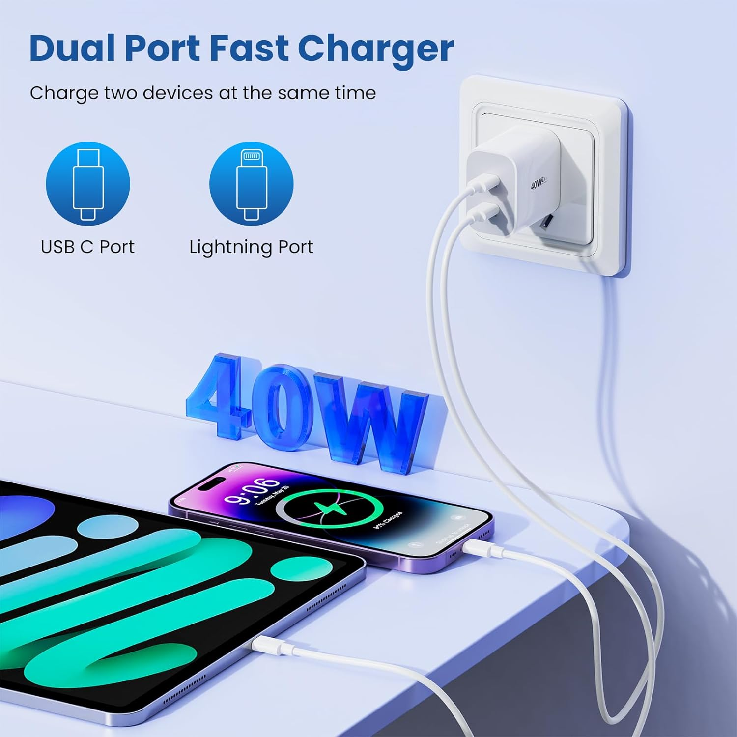 USB C Charger, 40W Dual Port Fast Charger with 2M USB C Cable & Lightning Cable, PD 20W Iphone Charger Plug for Iphone 17/16/15/14/13, Ipad, Galaxy, Pixel, and More image number 1