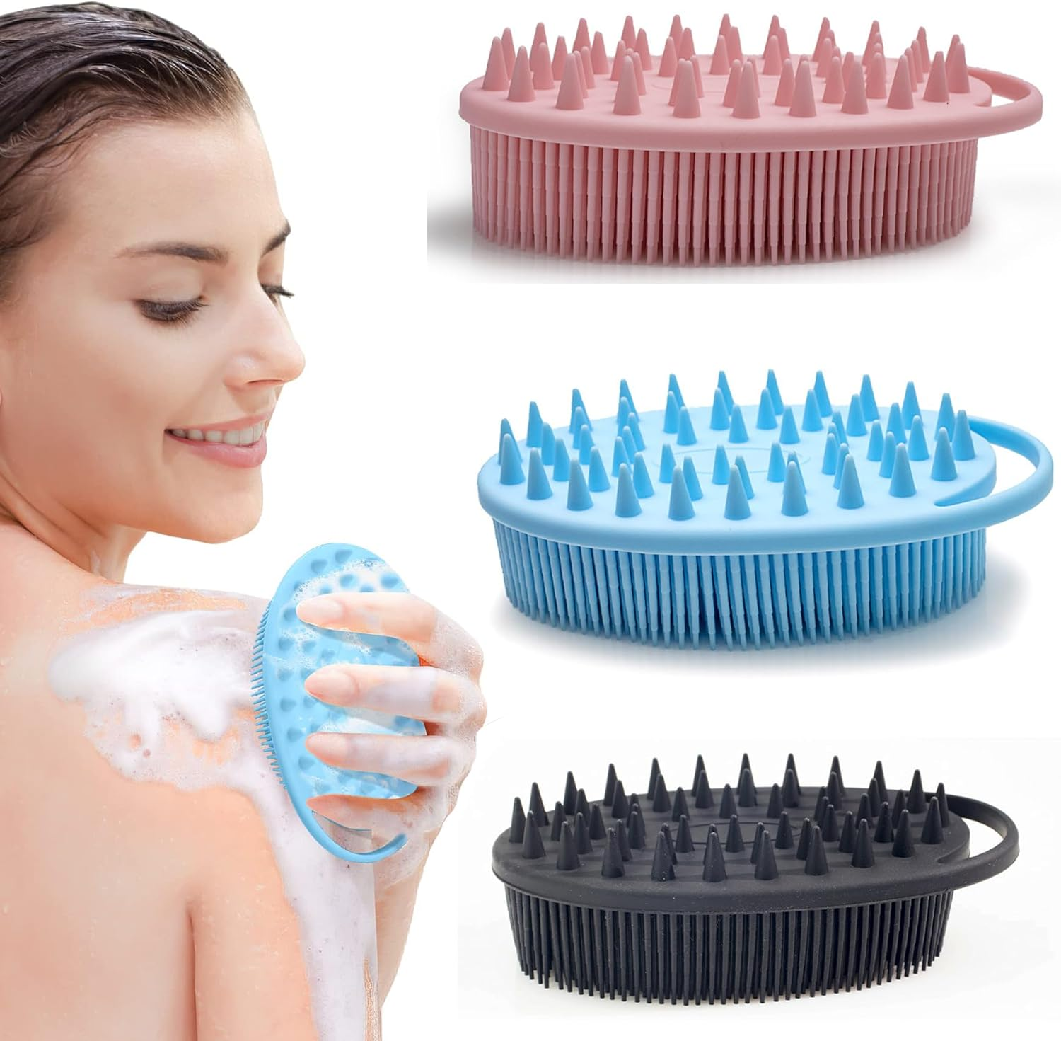 Heatunk 2-In-1 Silicone Bath and Shampoo Brush Set: Exfoliating Body Scrubber, Head Scrubber, Scalp Massager - Shower Essential, Easy to Clean (3-Pack)