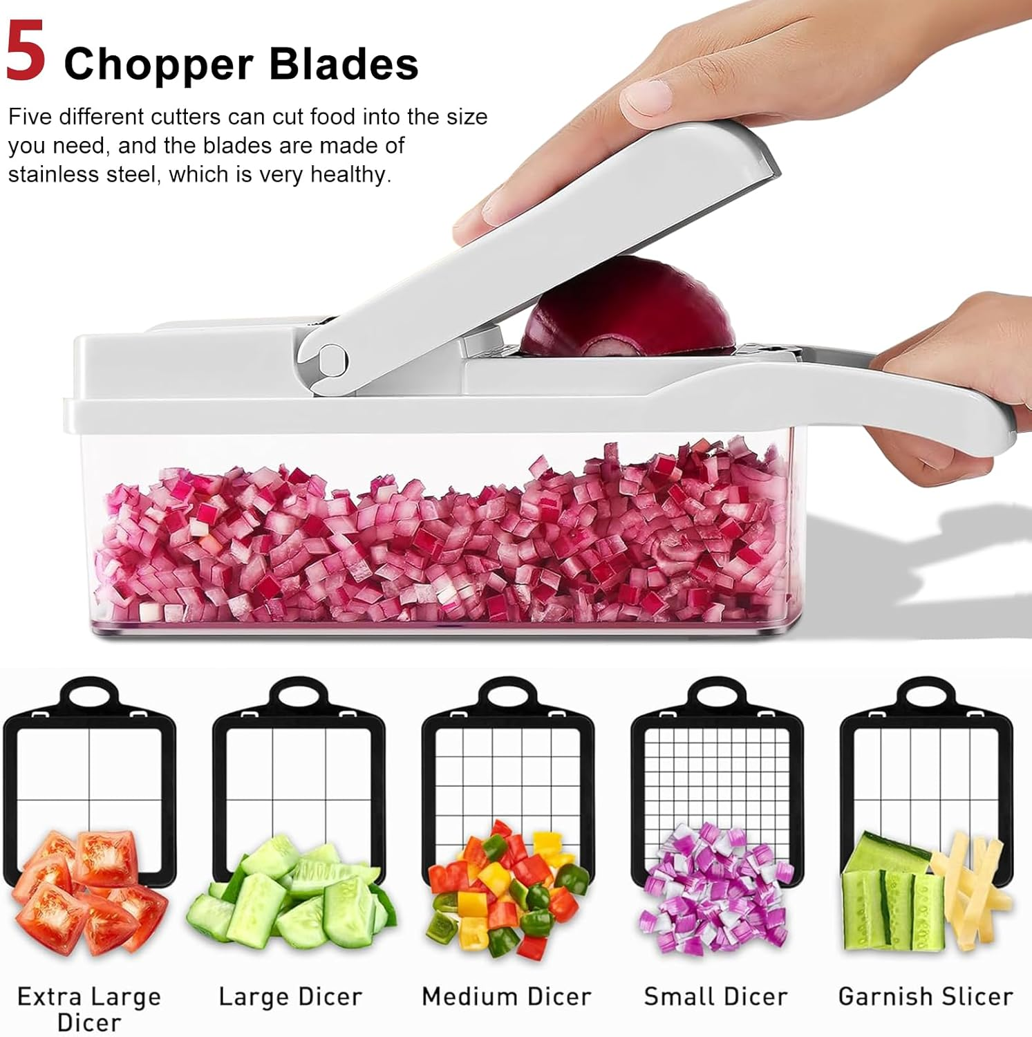 Vegetable Chopper 22 in 1 Multifunction Onion Chopper Dicer, Spiralizer for Veggie Cutter, Mandoline Slicer, Food Chopper with Container, 9 Blades image number 4