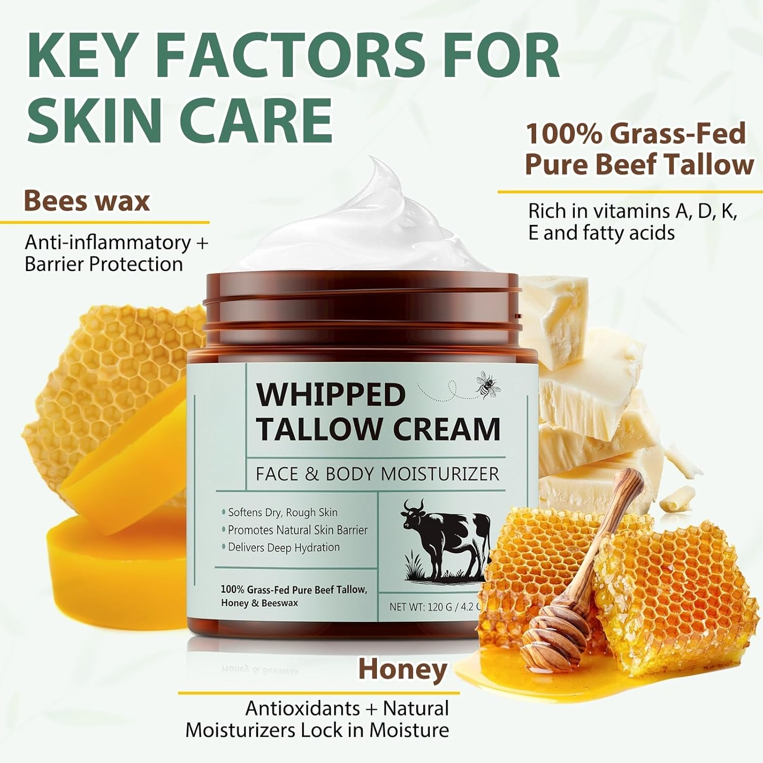 Whipped Tallow Cream 120G | Deep Hydration & Nourishment | 100% Grass-Fed Beef Tallow, Honey & Beeswax | Face & Body Moisturizer for Dry, Rough Skin image number 1