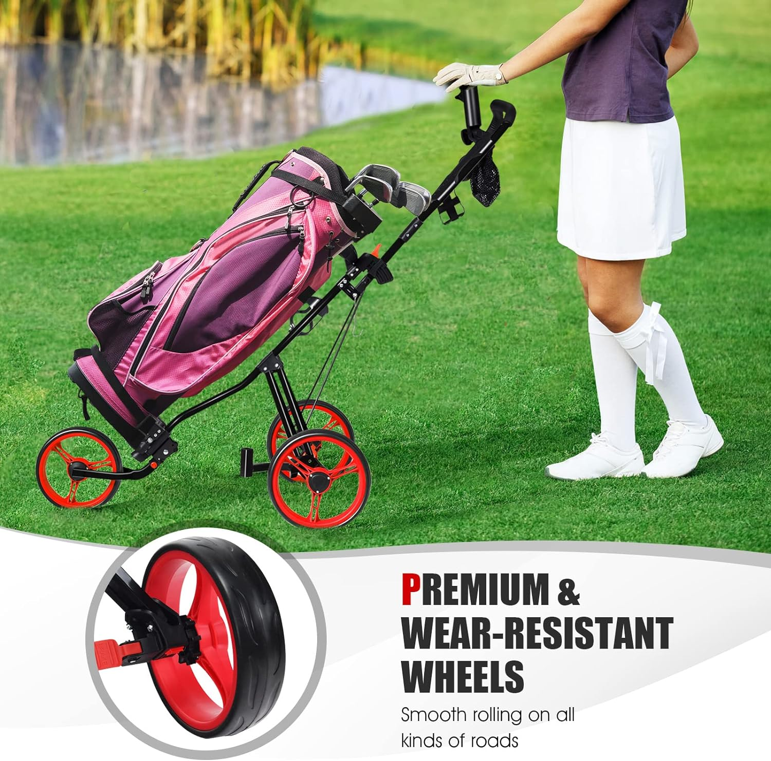 Costway 3-Wheel Folding Golf Push Cart, Multifunctional Push Pull Golf Trolley with Adjustable Handle, Padded Seat, Scoreboard, Cup Holder & Umbrella Holder image number 5