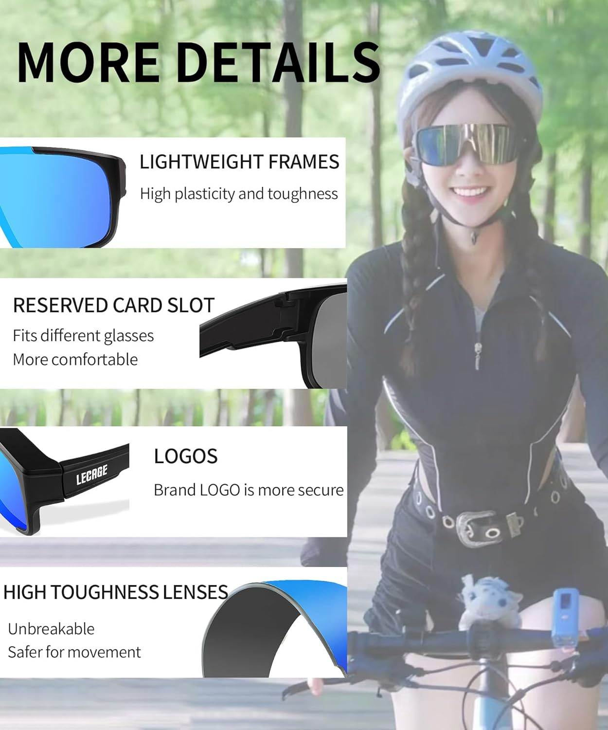 LECAGE Polarized Sunglasses Fit over Glasses Full Wrap-Around Cycling Glasses over Glasses HD UV Protection Sport Sungalsses Fashionable Bike Glasses for Men Women - Black+Blue image number 5