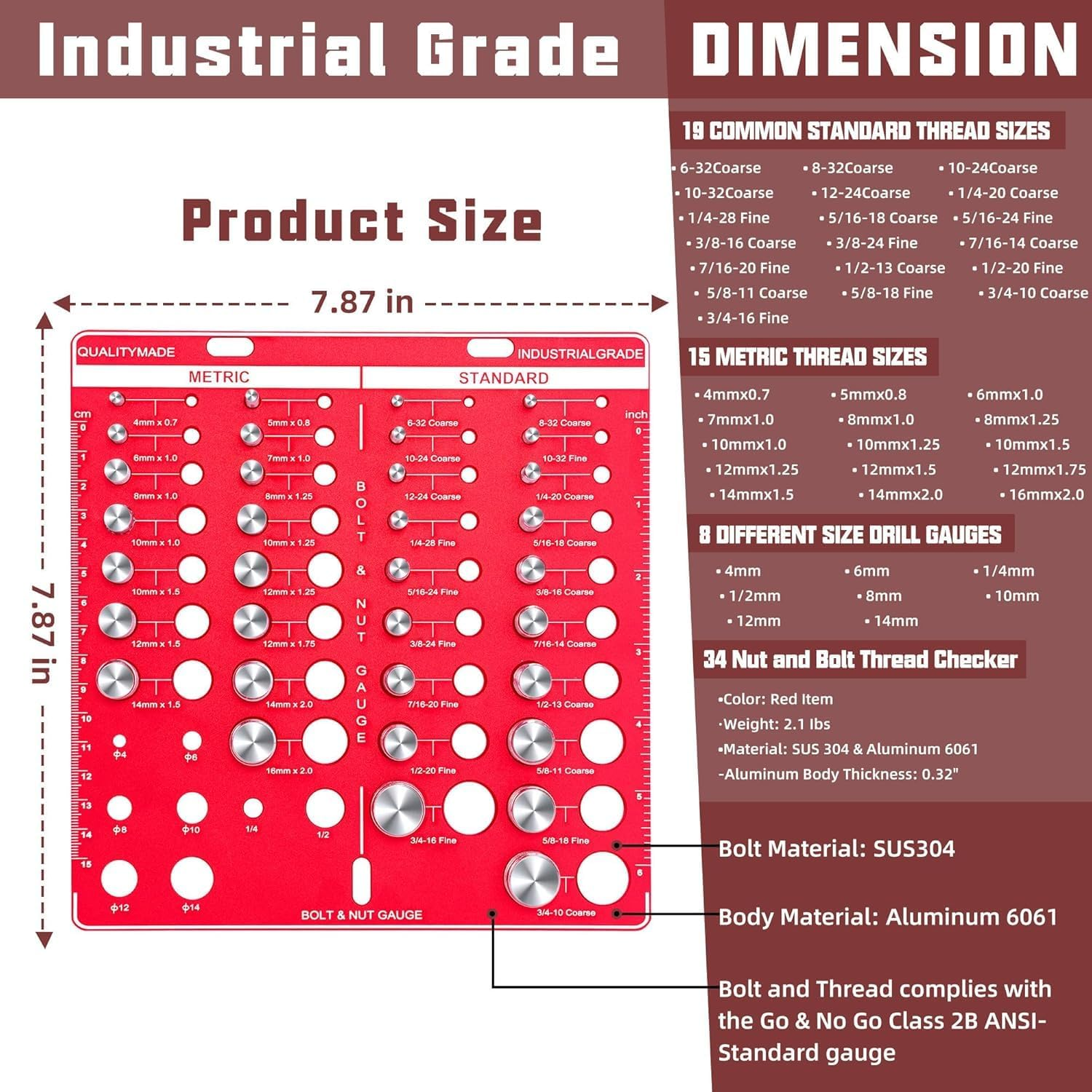 34 Nut and Bolt Thread Checker, Bolt and Nut Identifier Gauge Thread Checker Standard and Metric Board Wall Mount Screw Size and Thread Gauge Square image number 1