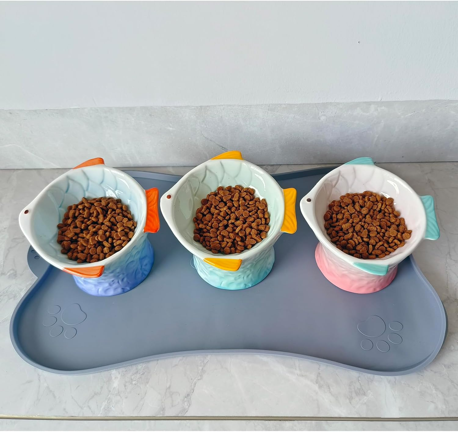 Raised Tilted Ceramic Cat Food Bowl, Cute Fish Shape Elevated Slanted Shallow Angled Cat Dish, Personalized Pet Feeder for Kitty Dry Wet Treats Feeding, Ergonomic anti Vomiting Whisker Friendly image number 6