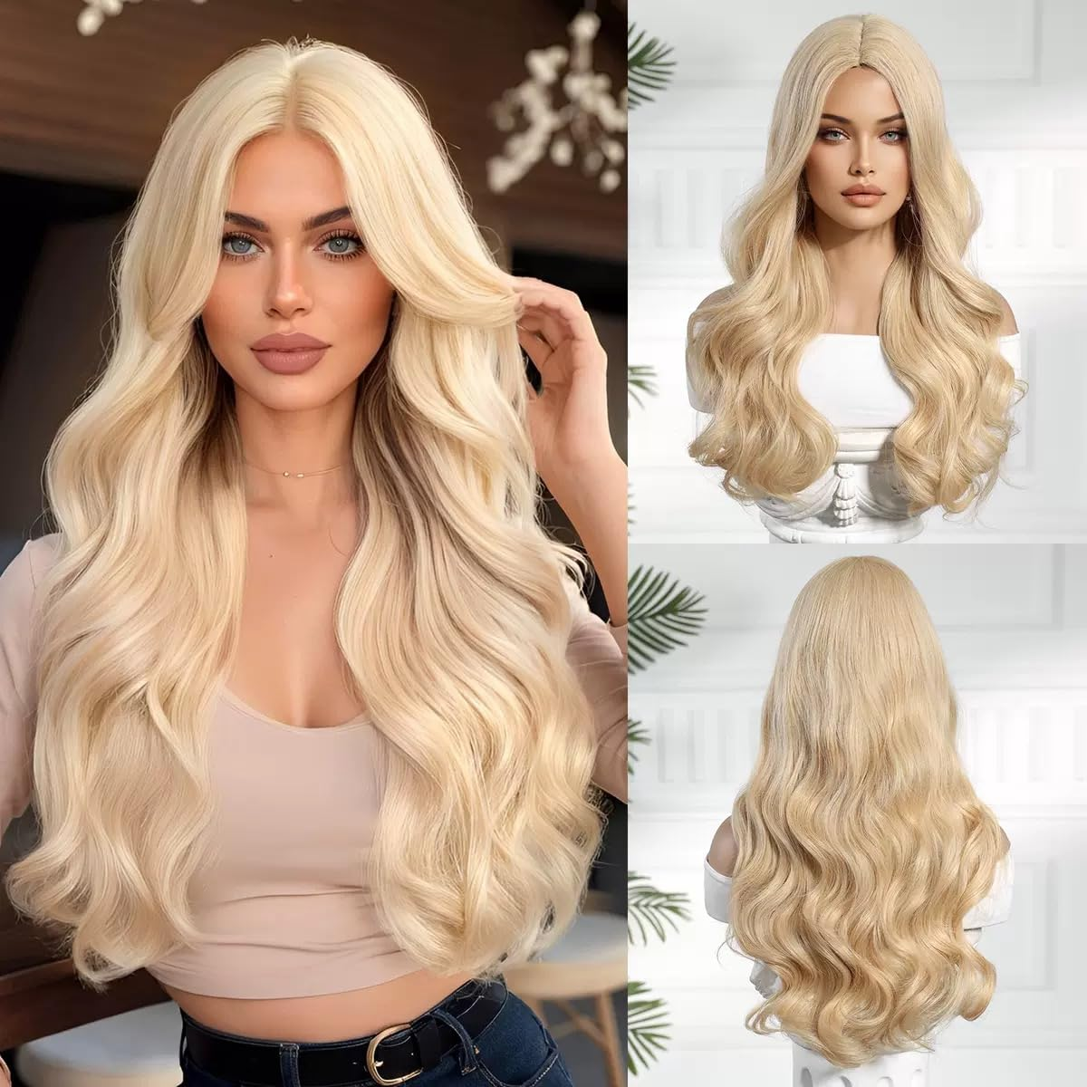 Long Natural Wave Wavy Blonde Synthetic Wigs for Women, Heat Resistant Fibre, Natural Looking with Middle Part