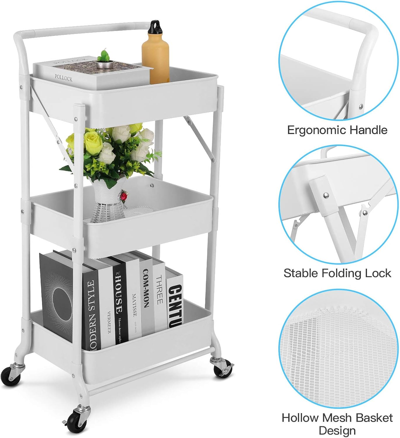 Johgee Foldable 3 Tier Metal Utility Rolling Cart, Folding Mobile Multi-Function Storage Trolley Organizer Cart for Home Library Office(White) image number 6