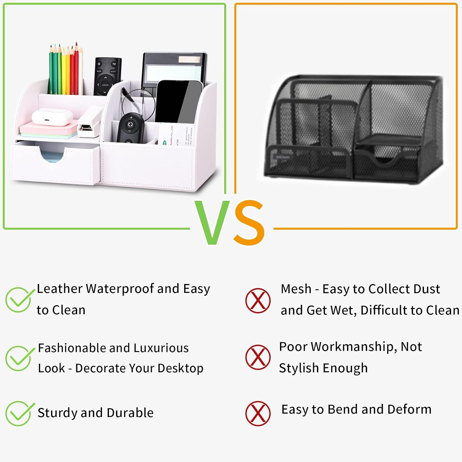 KINGFOM Pu Leather Desk Organizer Pen Pencil Holder Office Supplies Caddy Storage Box 6 Compartments with Drawer White (Full Pu Leather) image number 3