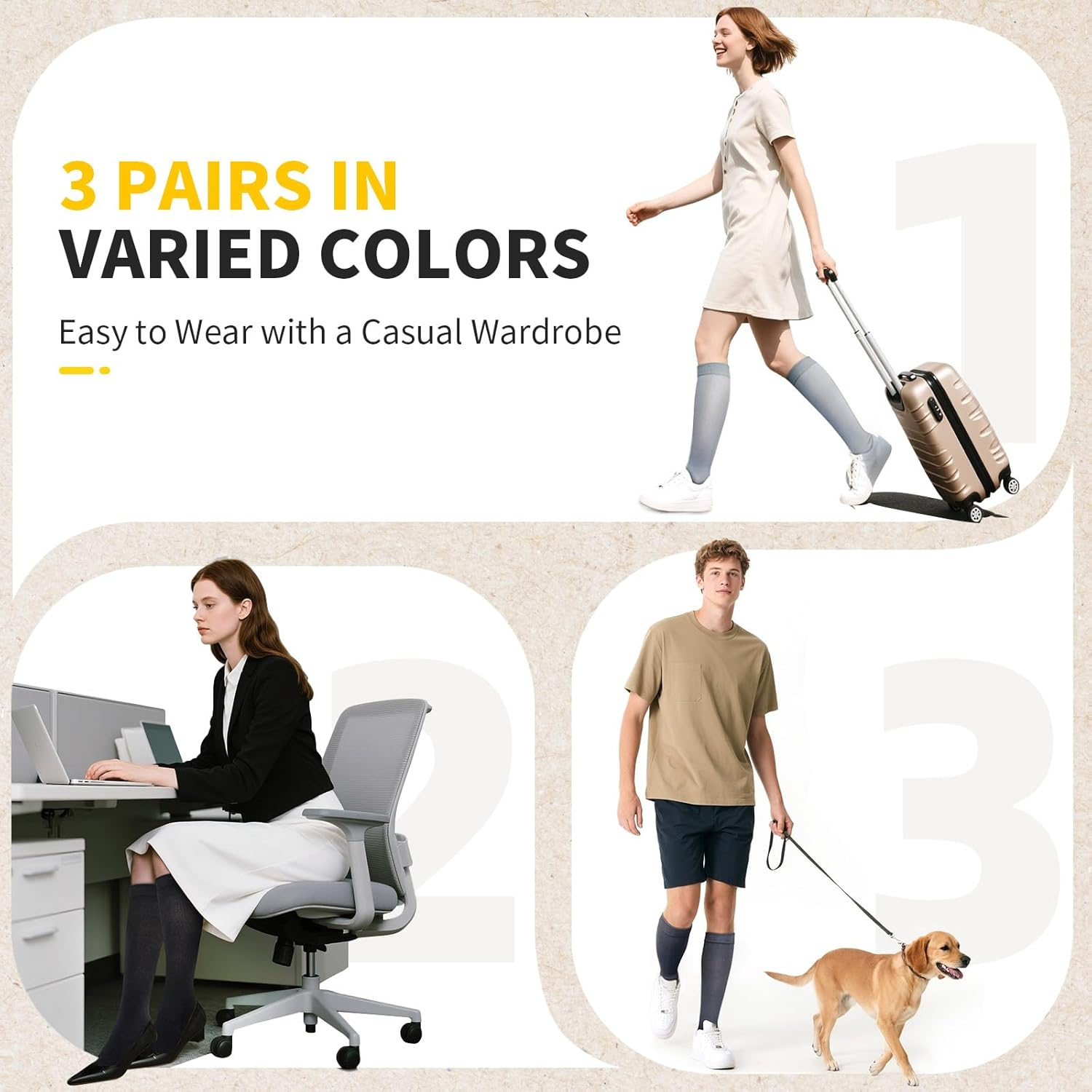 CAMBIVO 3 Pairs Compression Socks for Men and Women, 8-15 Mmhg Varied Colors Compression Socks for Flight, Work, Travel, Running, Hiking, Recovery, Daily Wear image number 4