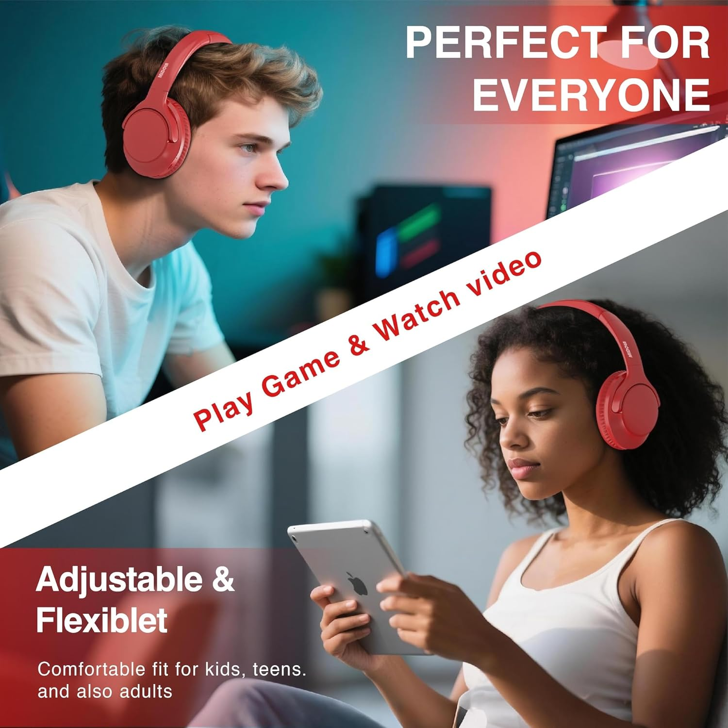 MIDOLA Bluetooth Headphones over Ear 68H Playtime 6 EQ Wireless Headset with Microphone Hifi Stereo Foldable Lightweight Deep Bass for Travel Home Office Cellphone Red - Cyan image number 2