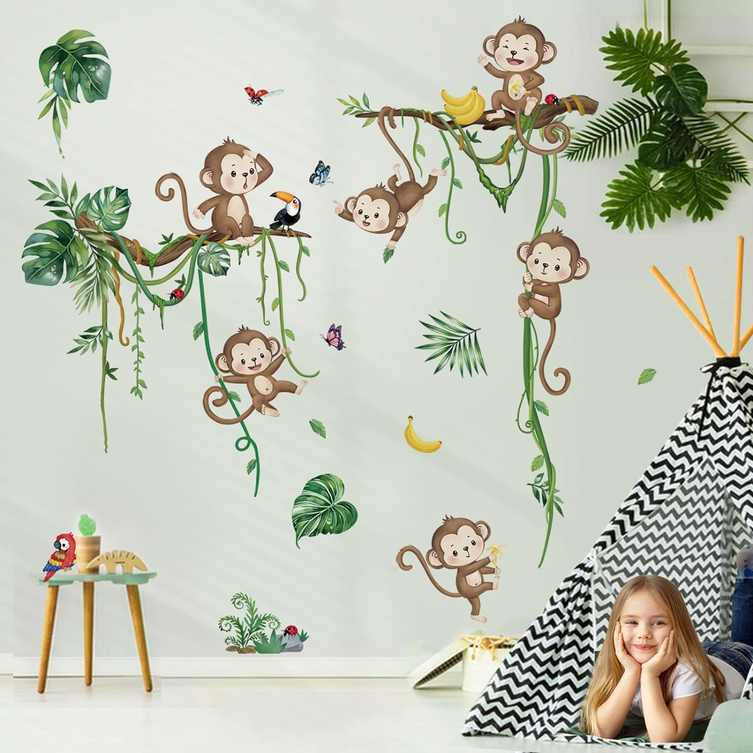 Decalmile Jungle Animals Climbing Tree Wall Decals Monkey Lion Koala Tiger Wall Stickers Baby Nursery Kids Room Living Room Home Decor