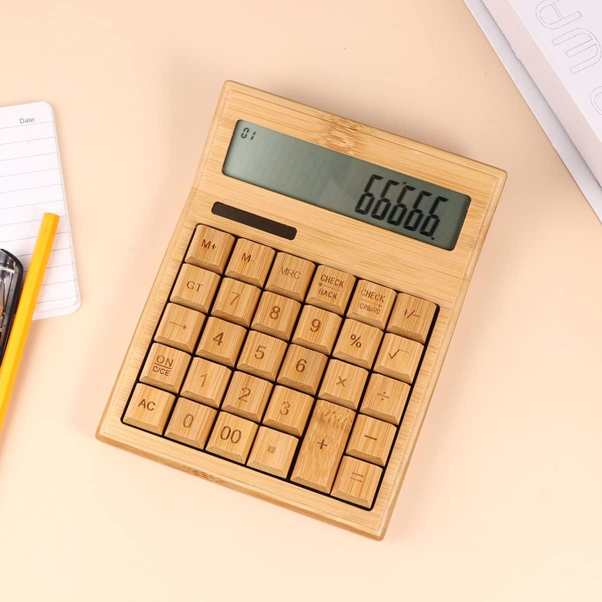 PLAFOPE Solar Bamboo Calculator 29-Key Office Tool Compact Light for and Travel