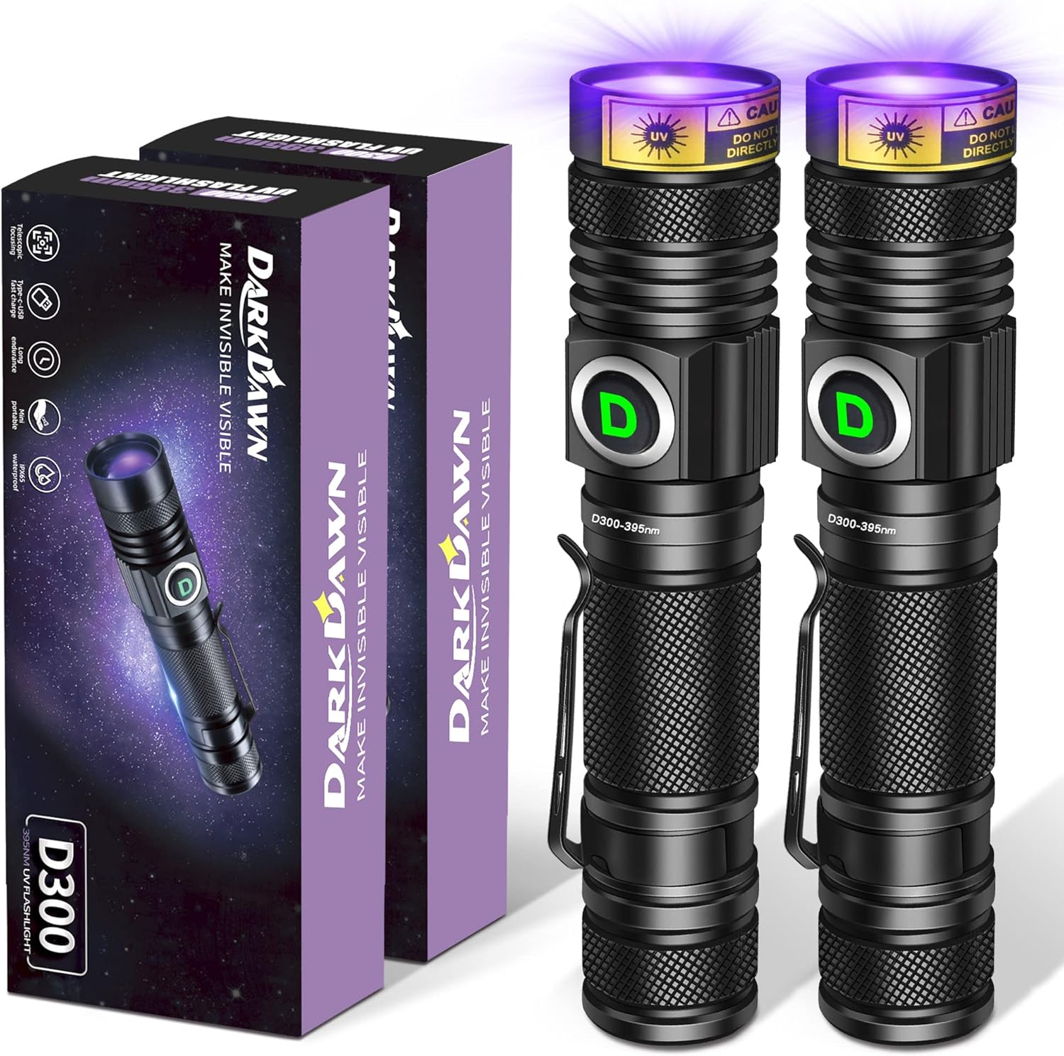 DARKDAWN UV Torches 365 Nm and 395 Nm Light USB Rechargeable Ultraviolet LED Black Light Woodsche Lamp, Mini Detector for Pet Urine, Stains, Uranium Glass, Amber, Resin Hardening, Pack of 2