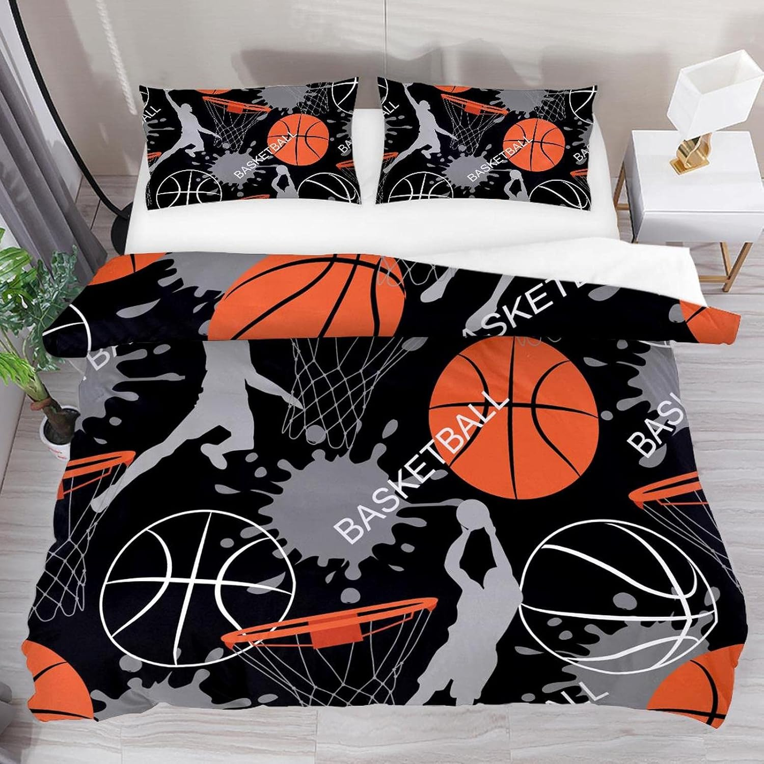 3 Pieces Polyester Duvet Cover Set,100% Natural Fabric Bedding, Boy Playing Basketball Morden Style with Zipper Closure