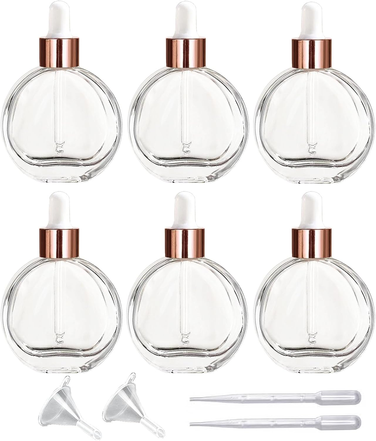 6Pcs, 2 Oz Glass Dropper Bottles for Essential Oils ，60Ml Flat round Perfume Bottle with Eye Droppers， for Essential Oils, Perfumes, Serums - Leakproof for Travel (A- Clear), PYAWI-PY01