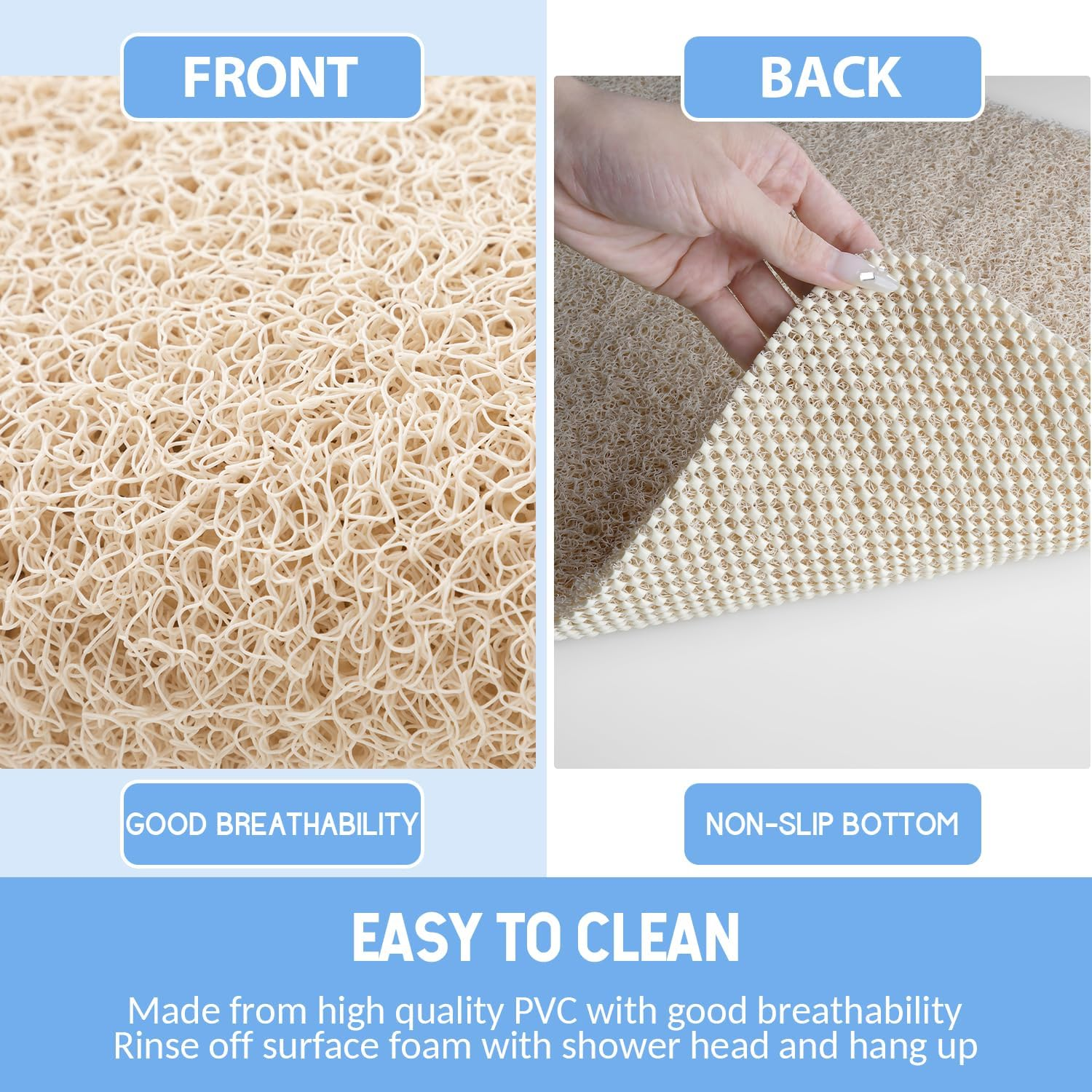 Non-Slip Shower Mat Bathtub Mat for Bath Tub,Anti Slip Bath Tub Mat,Floor Mat,Soft PVC Loofah Bathroom Mats,Foot Scrubber Mat,Quick Drying Easy Cleaning Mats for Wet Areas（40 * 16 Beige） image number 1