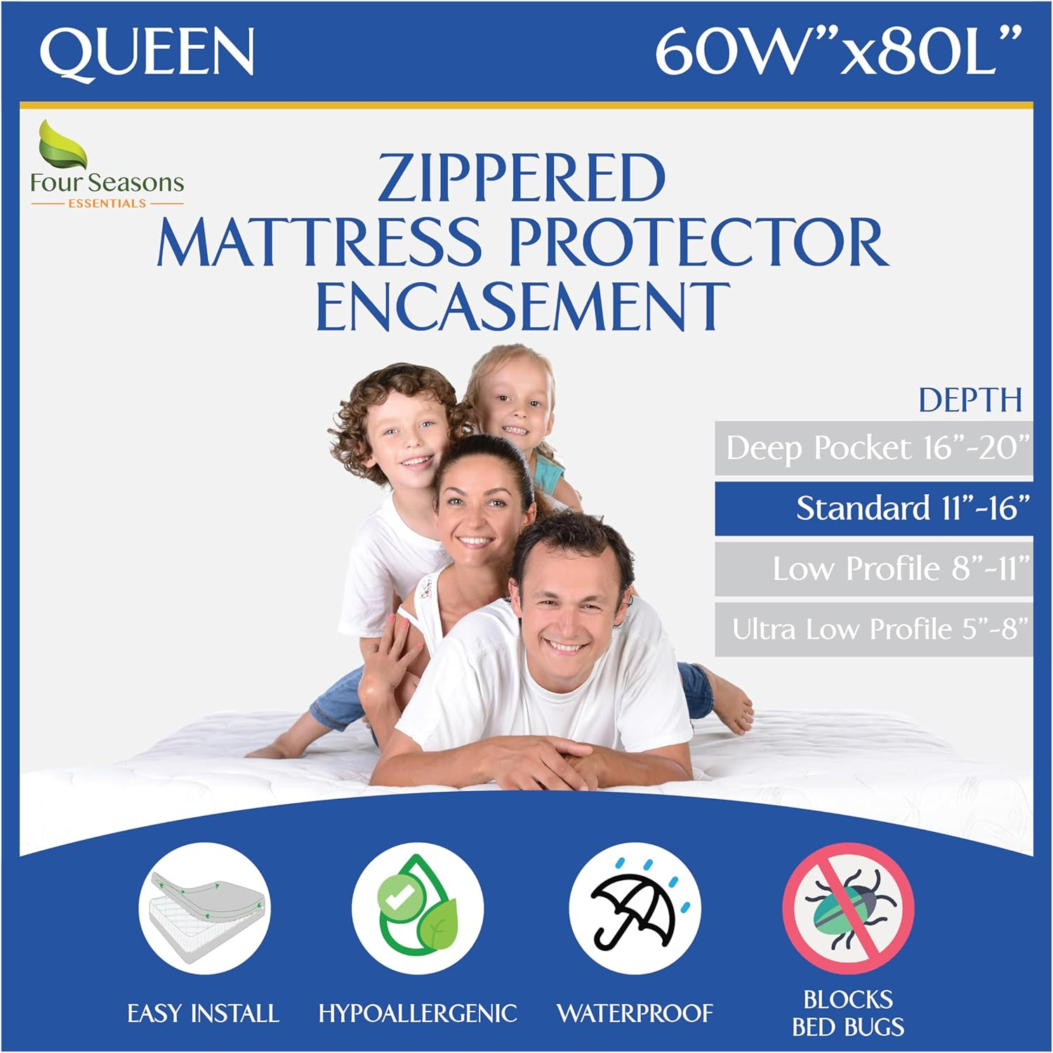 Four Seasons Essentials Queen Mattress Protector Bedbug Waterproof Zippered Encasement Hypoallergenic Premium Quality Cover Protects against Dust Mites Allergens image number 4