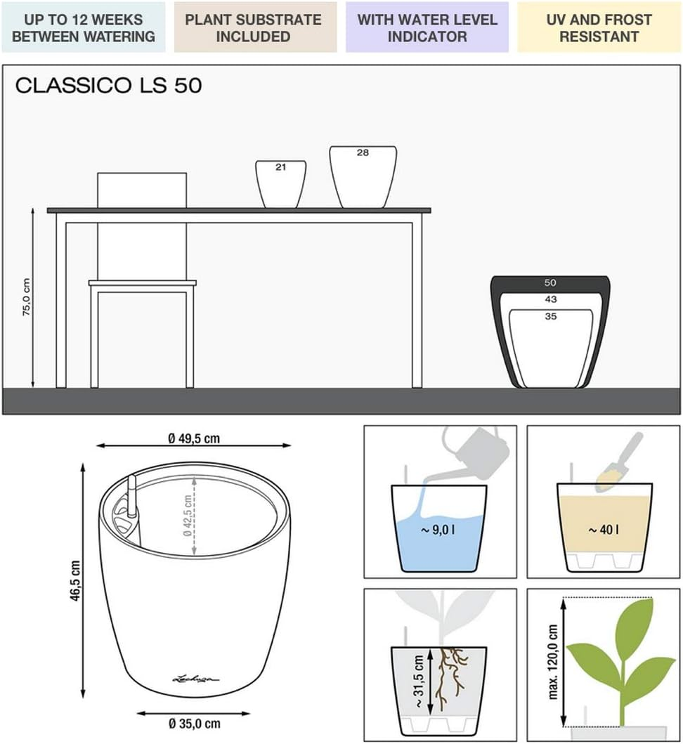Lechuza Classico LS 50 Self Watering Plant Pot, Charcoal Metallic, 49.5 Width X 46.5 Cm Height image number 4
