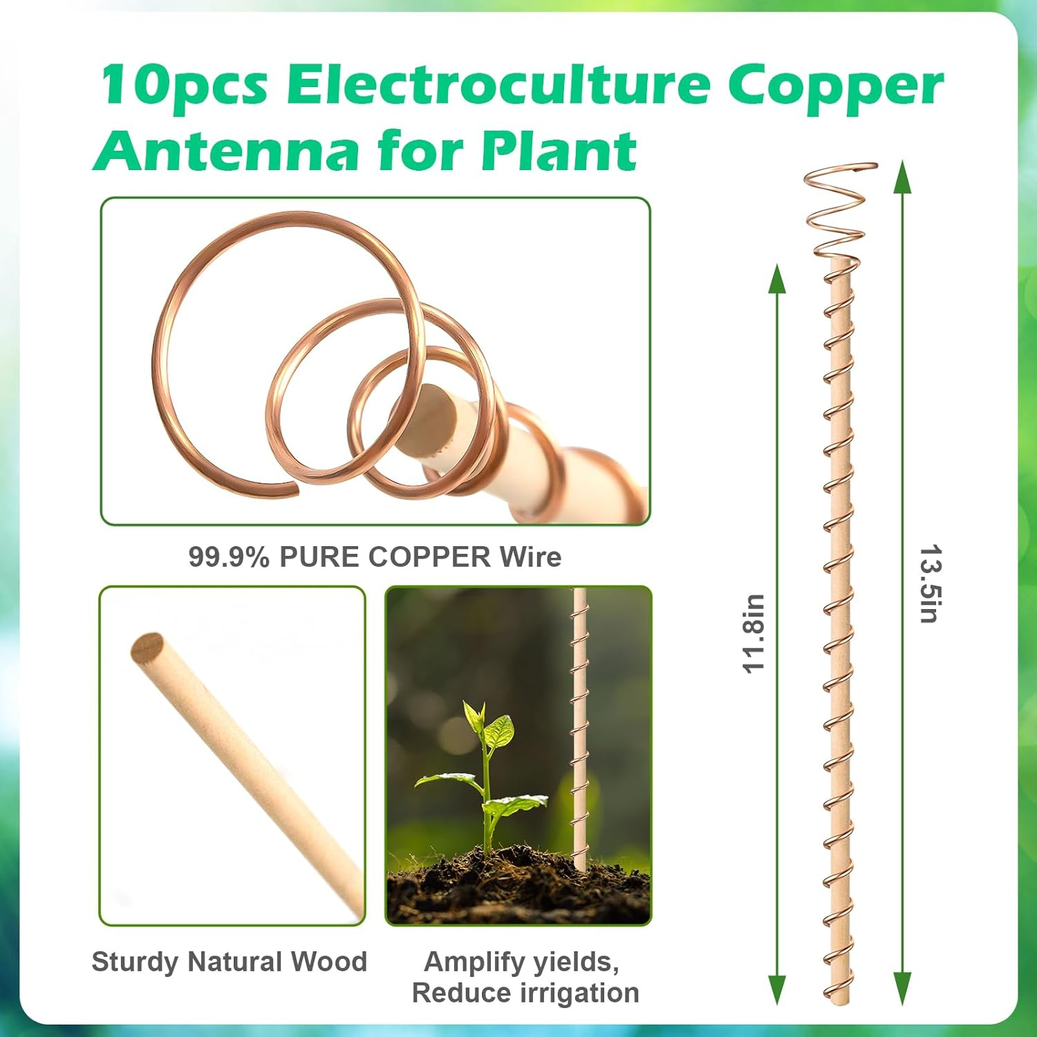 10Pcs Electroculture Plant Stakes, 13.5''/17" Available Copper Coil Wire Antennas Garden Stakes, Tensor Rings Kit, Copper Rods Electronic Planting for Growing Vegetable Garden Plants Support