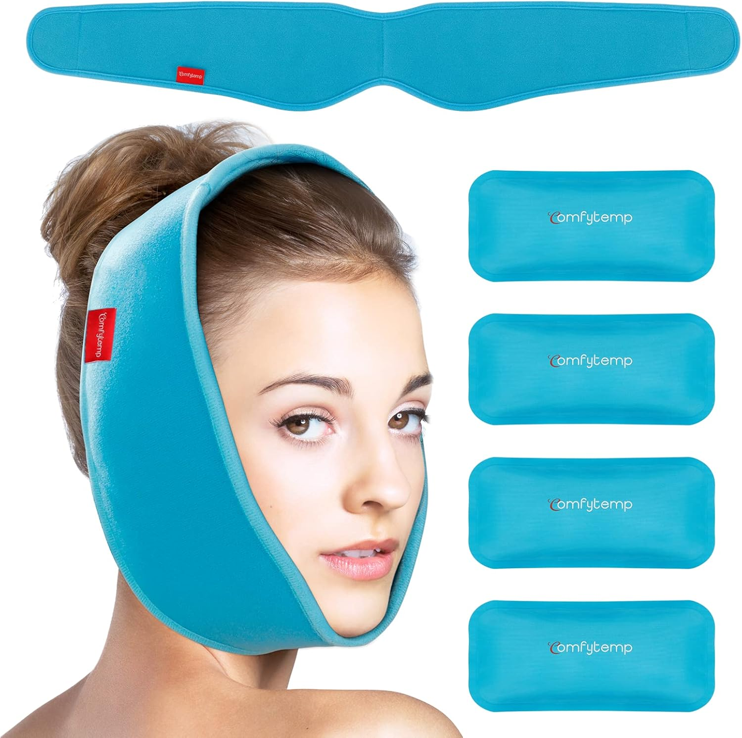 Comfytemp Wisdom Teeth Ice Pack Head Wrap, 4 Reusable Hot & Cold Gel Packs, Face Ice Pack for TMJ Relief, Surgery Recovery, Pain Relief for Jaw, Chin, Oral, Facial, Dental Implants image number 4