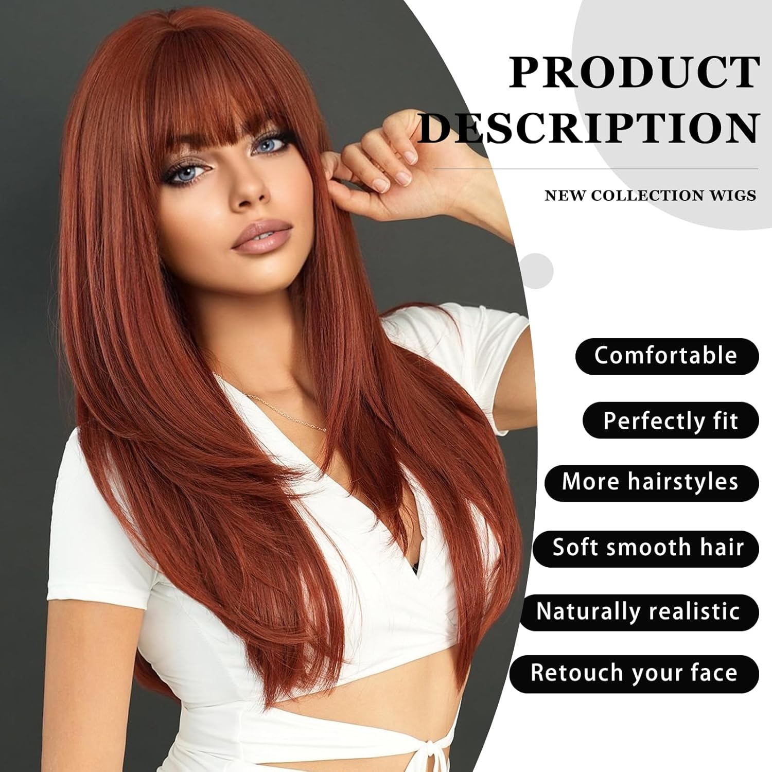 PARK YUN Long Straight Brown Wig with Bangs 26 Inch Ginger Orange Synthetic Layered for Women Natural Copper Red Head Heat Resistant Wig - Pink image number 3