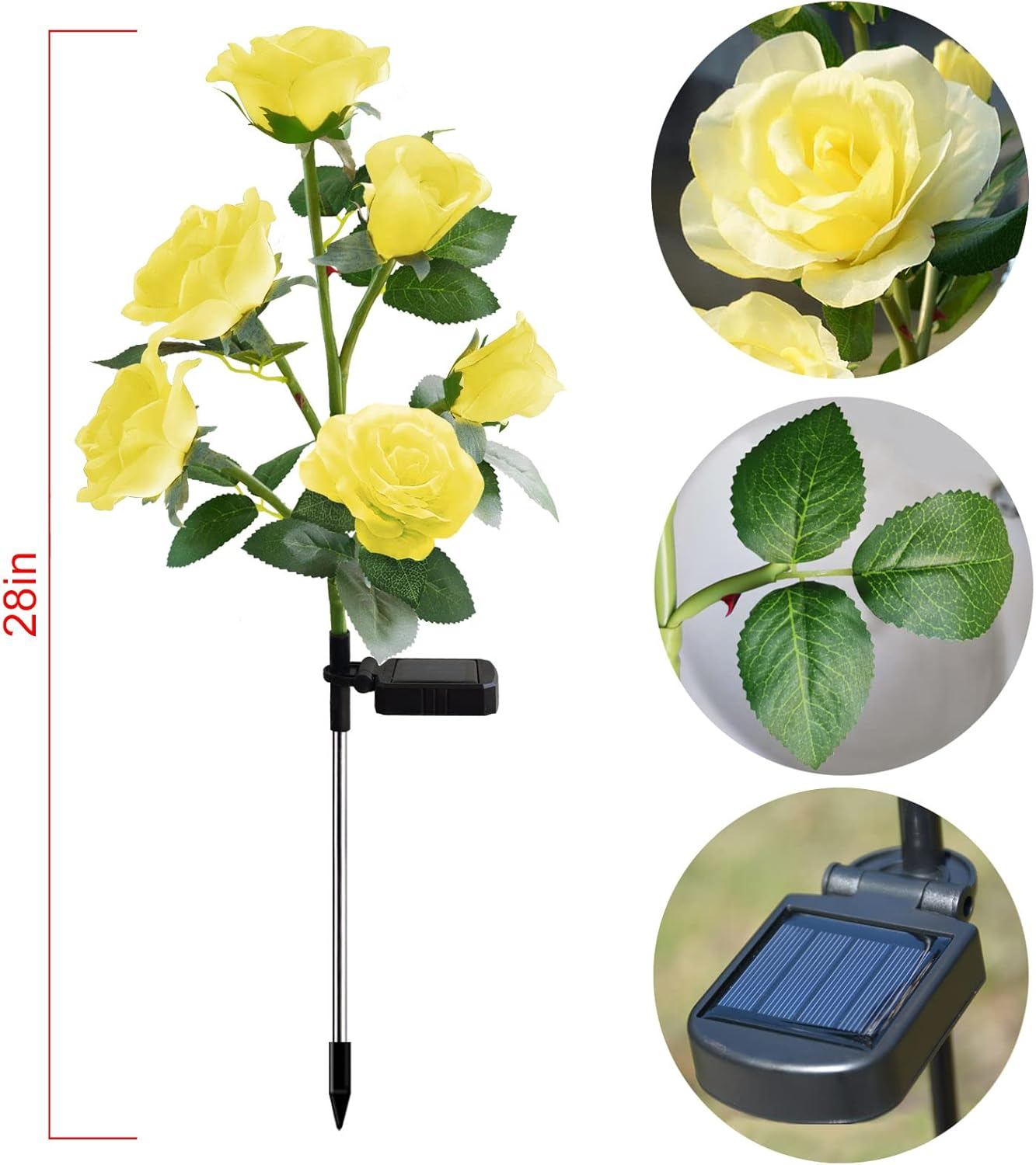 [Upgraded 6 Flowers]Solar Powered Artificial Rose Flower Lights,Waterproof Outdoor Garden Accent Lighting for Summer Country Field Yard Pathway Balcony Memorial Cemetery Gravesite Decorations, Yellow - Pink image number 3