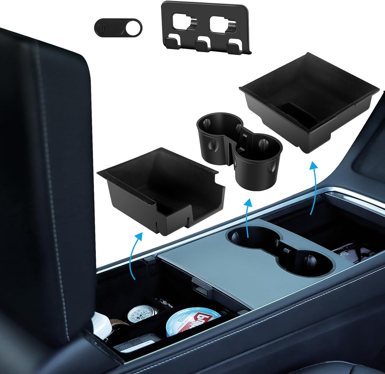 5PCS Center Console Organizer Tray for Tesla Model 3 Y Accessories 2023 with Silicone Cup Holder Insert, Rear Trunk Hook, Camera Cover for Tesla Model 3 Y 2021 2022, Upgrade Flocked Material image number 2