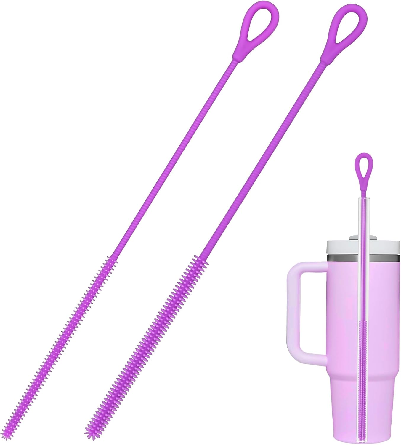 Silicone Straw Cleaner Brush, 2Pcs Straw Cleaner Brush Extra Long, Straw Brush Bristles Cleaner Brush for Cleaning Stanley, Metal Glass Straws, Drink Lid (Purple)
