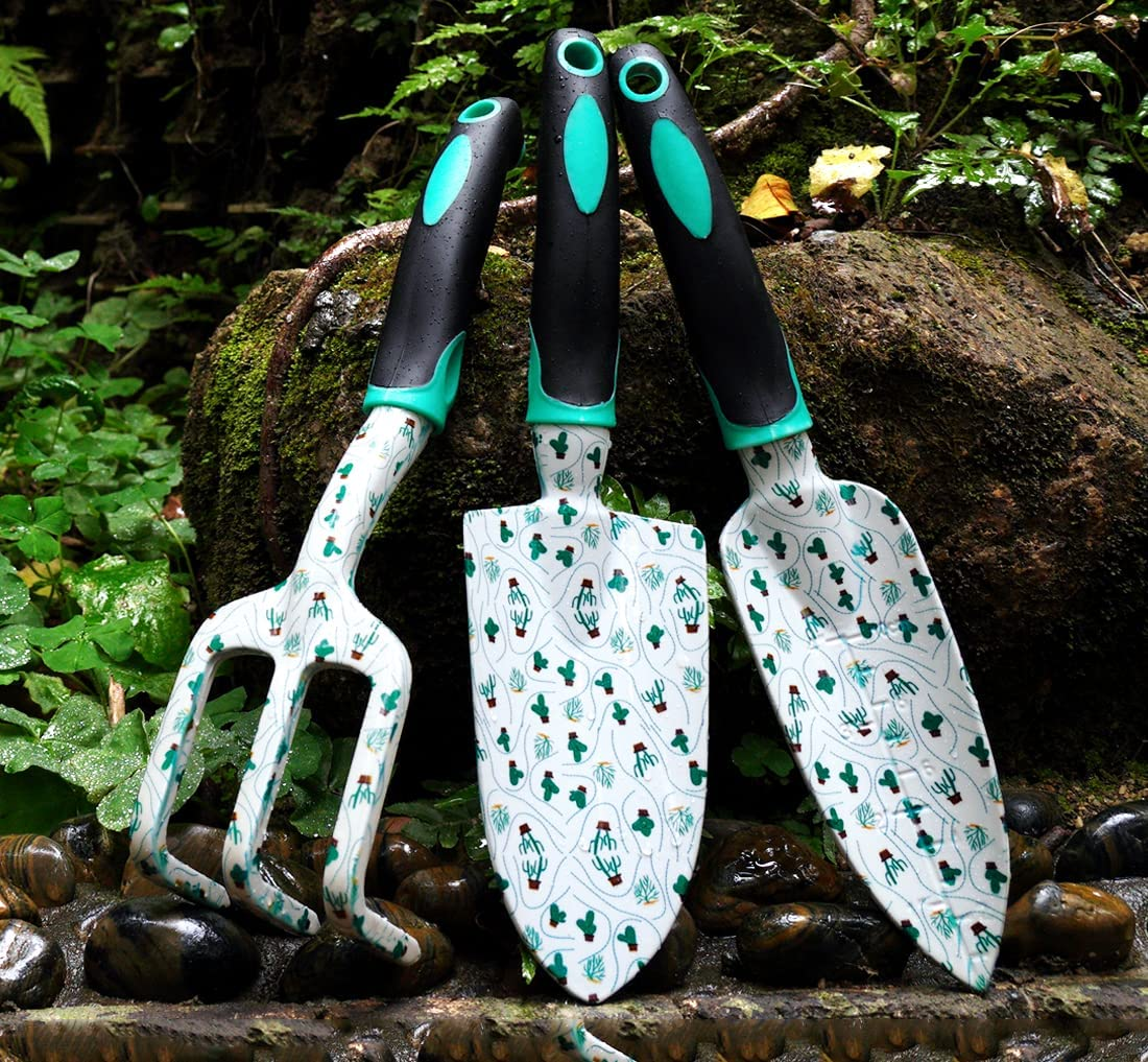 ESOW Garden Tool Set with Non-Slip Rubber Handle, 3 Piece Cast-Aluminum Heavy Duty Gardening Kit Includes Hand Trowel, Transplant Trowel and Cultivator Hand Rake, Cactus Pattern Printed