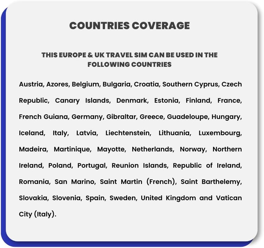 Simcorner Europe UK Travel SIM Card (12GB, 30 Days) - Prepaid SIM W/Data & Unlimited SMS & Calls to EU & UK Numbers - 3-In-1 Hotspot/Tethering Card: Standard, Micro, Nano SIM for Unlocked Phones image number 5