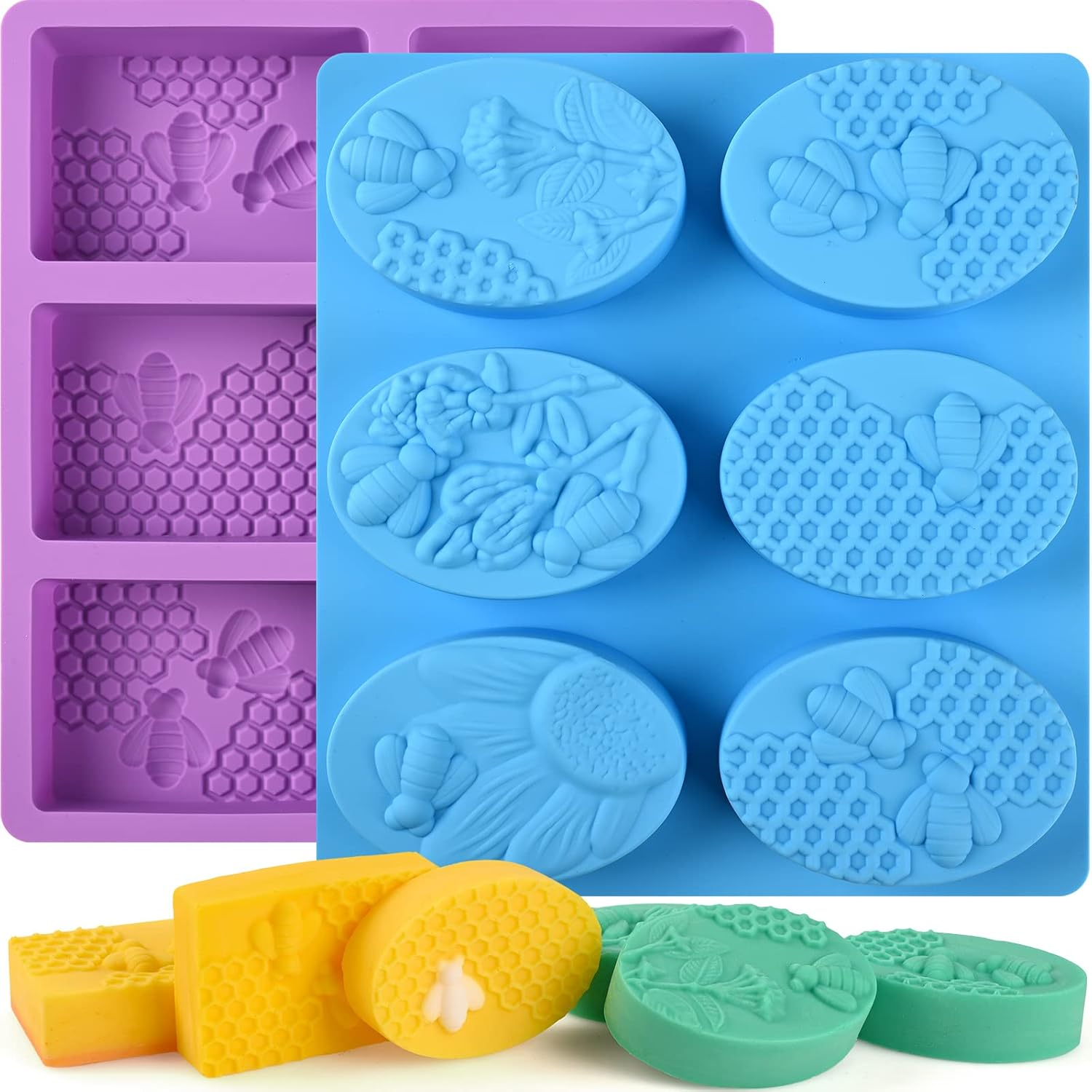 Sakolla 2 Pack 6 Cavity Bee Silicone Soap Molds Rectangle Oval Honeycomb Silicone Molds Loaf Handmade Molds for Soap Making Supplies DIY Wax Melts, Beeswax, Cake Chocolate Bakeware image number 4