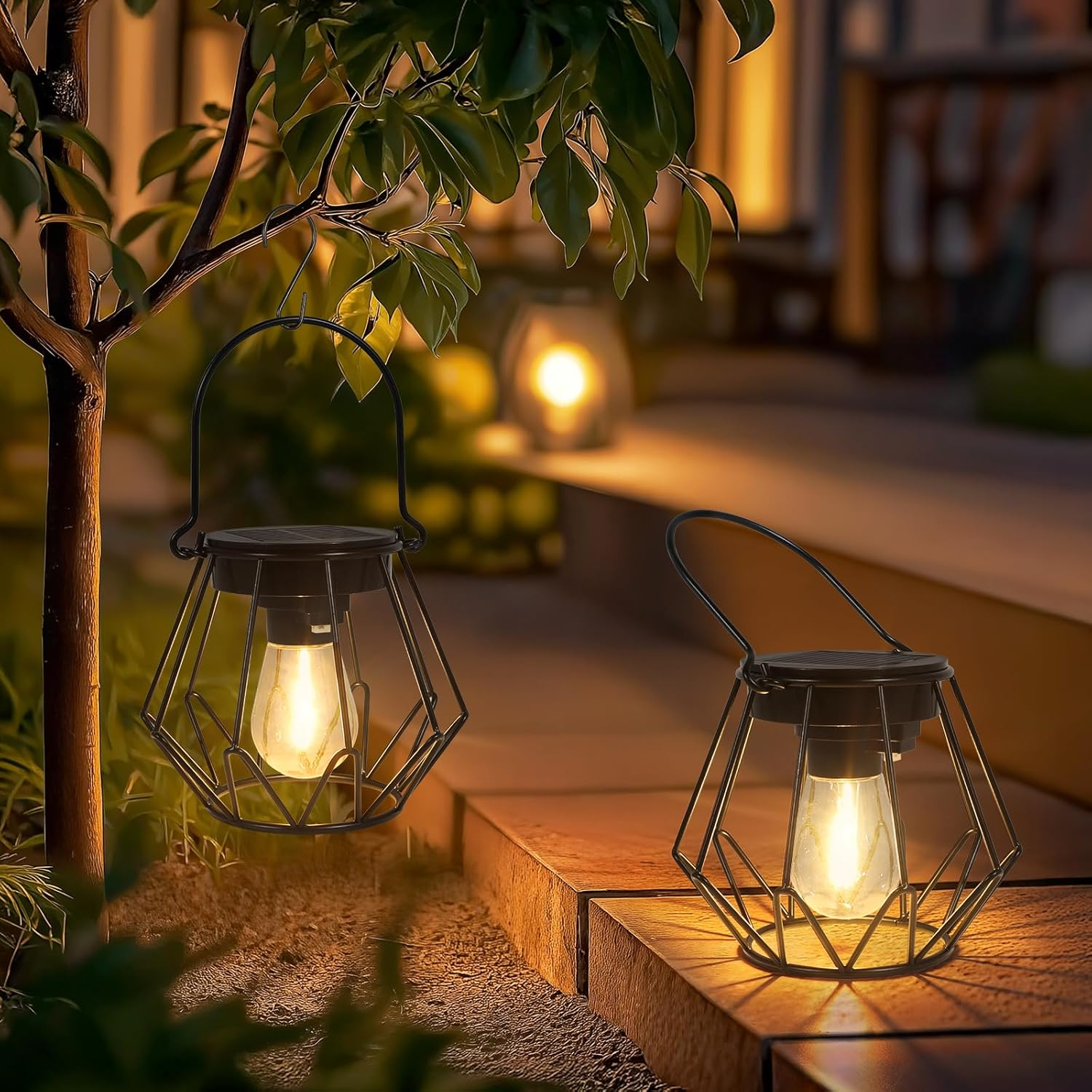 Ketom Pack of 2 Solar Lights for Outdoor Hanging, IP65 Waterproof Metal Solar Lantern for Outdoors, Retro LED Solar Lanterns for Outdoor Use for Garden, Patio, Path, Camping, Lawn, Black, V-Shaped image number 5