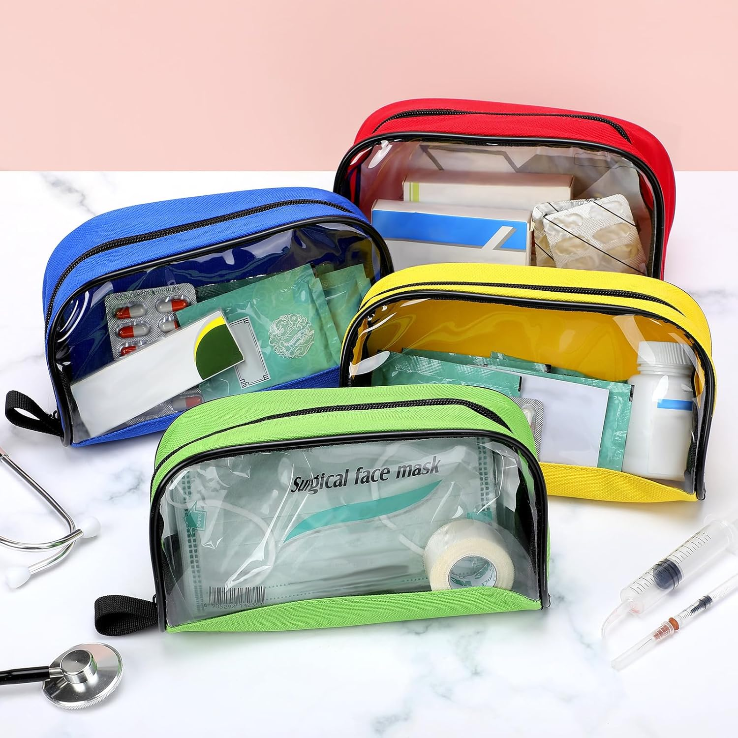 4 Pcs Empty First Aid Bag Color Coded Kit Accessory Pouches Zippered Organizer Storage Pouch Case with Transparent Window for Medical Supplies Travel, 4 Colors