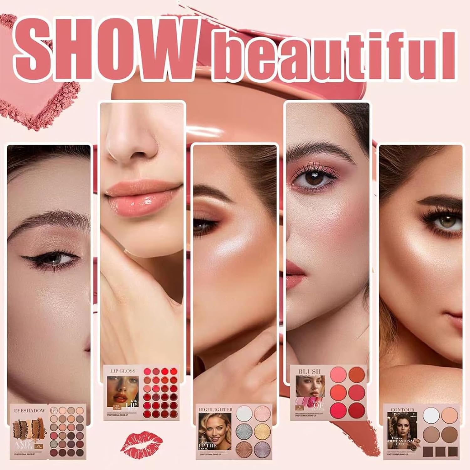 24-Color Eyeshadow Palette - 5-Layer Book-Style Makeup Palette with 67 Pro Shades, All in One Makeup Palette with Eyeshadow, Lipstick, Blush, Contour & Highlighter, Waterproof and Long-Lasting (Mix*2Pcs) - Rose Bloom image number 5