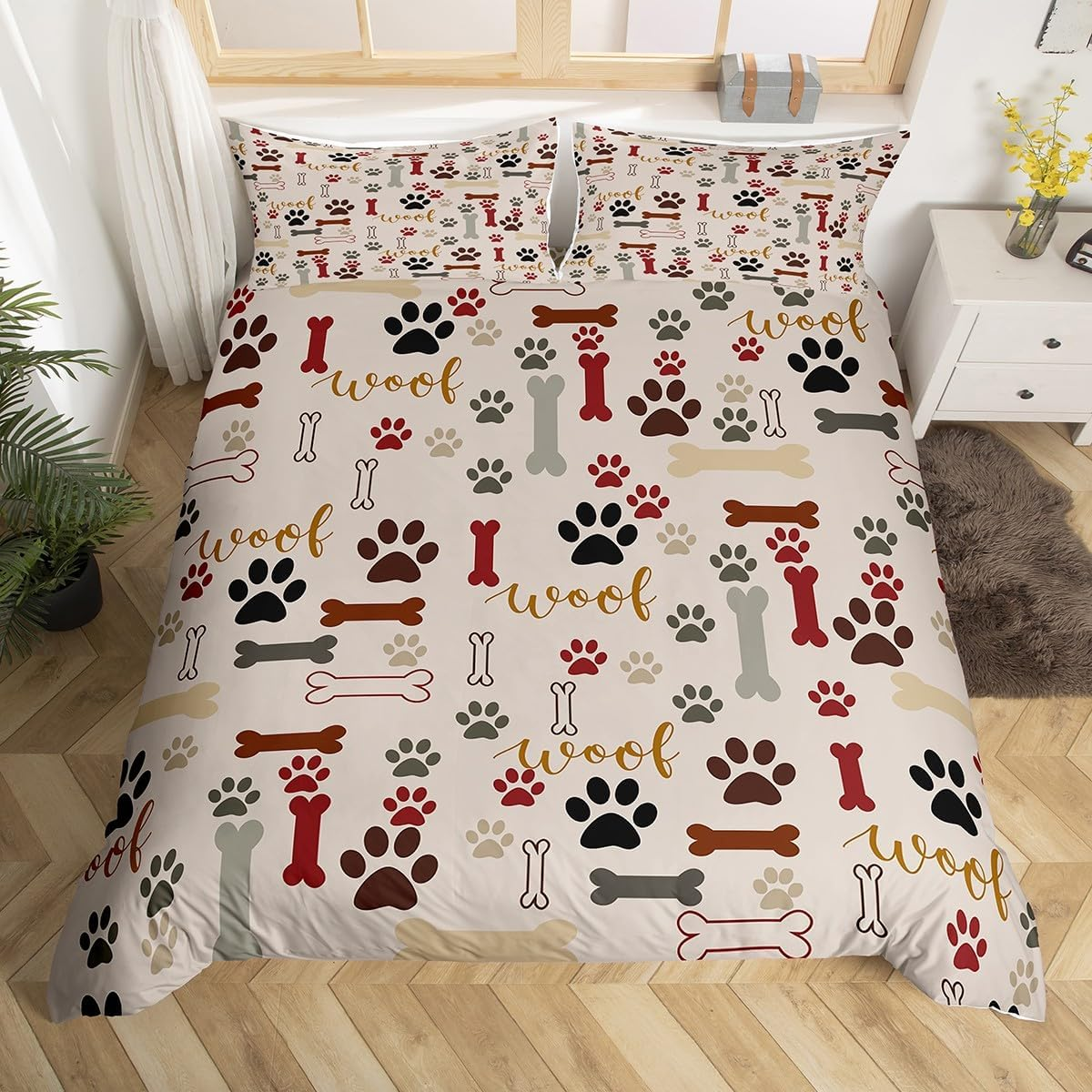 Dog Paw Print Duvet Cover Set Queen Size,Bone Pattern Bedding Set 3Pcs for Kids Teens Girls Boys Room Decor, Pet Animal Comforter Cover Cartoon Quilt Cover with 2 Pillowcases image number 5