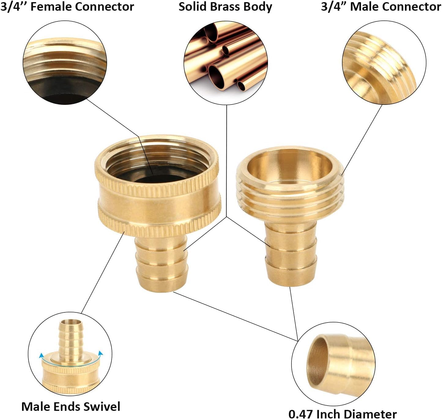 2 Sets Brass Garden Hose Repair Kit,Solid Brass Female and Male Hose Connector ，Fit for 3/4" or 5/8" Garden Hose Fitting