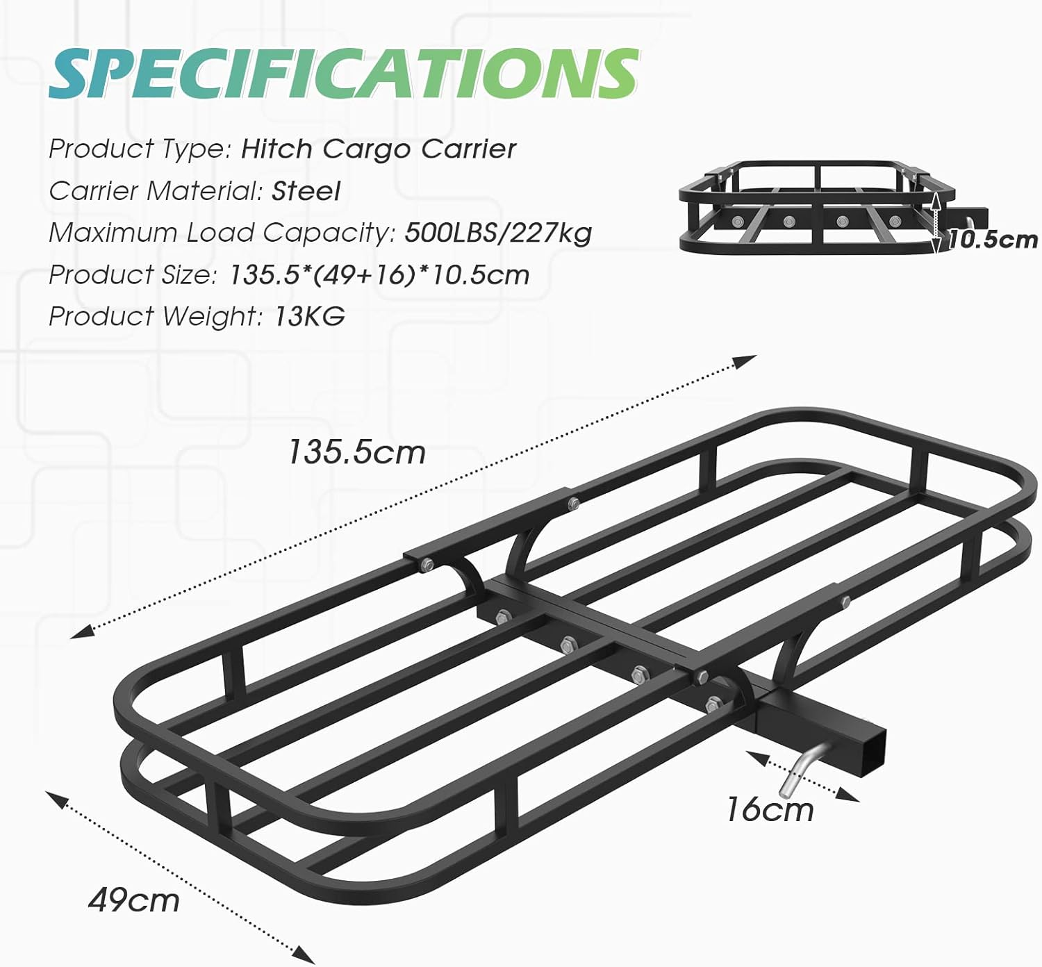 ADVWIN Cargo Rack Carrier 500 Lbs/227Kg 53 Inches Heavy Duty Capacity 2 Inch Receiver Luggage Basket Hitch Fold up for SUV Pickup Camping Traveling image number 1