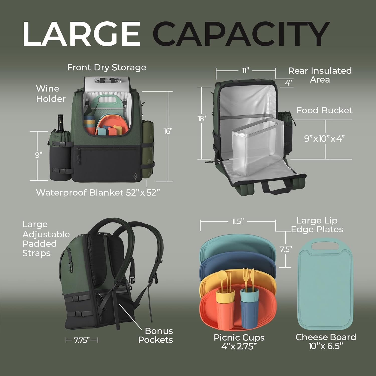 Fern & Soul Picnic Backpack for 4. Stylish Insulated Picnic Set with Blanket, Wine Cooler, a Modern Picnic Bag Made to Last, Ideal for Couples Gifts, Family, Wine Picnic Basket for 2-4 - Fern And Moss image number 4