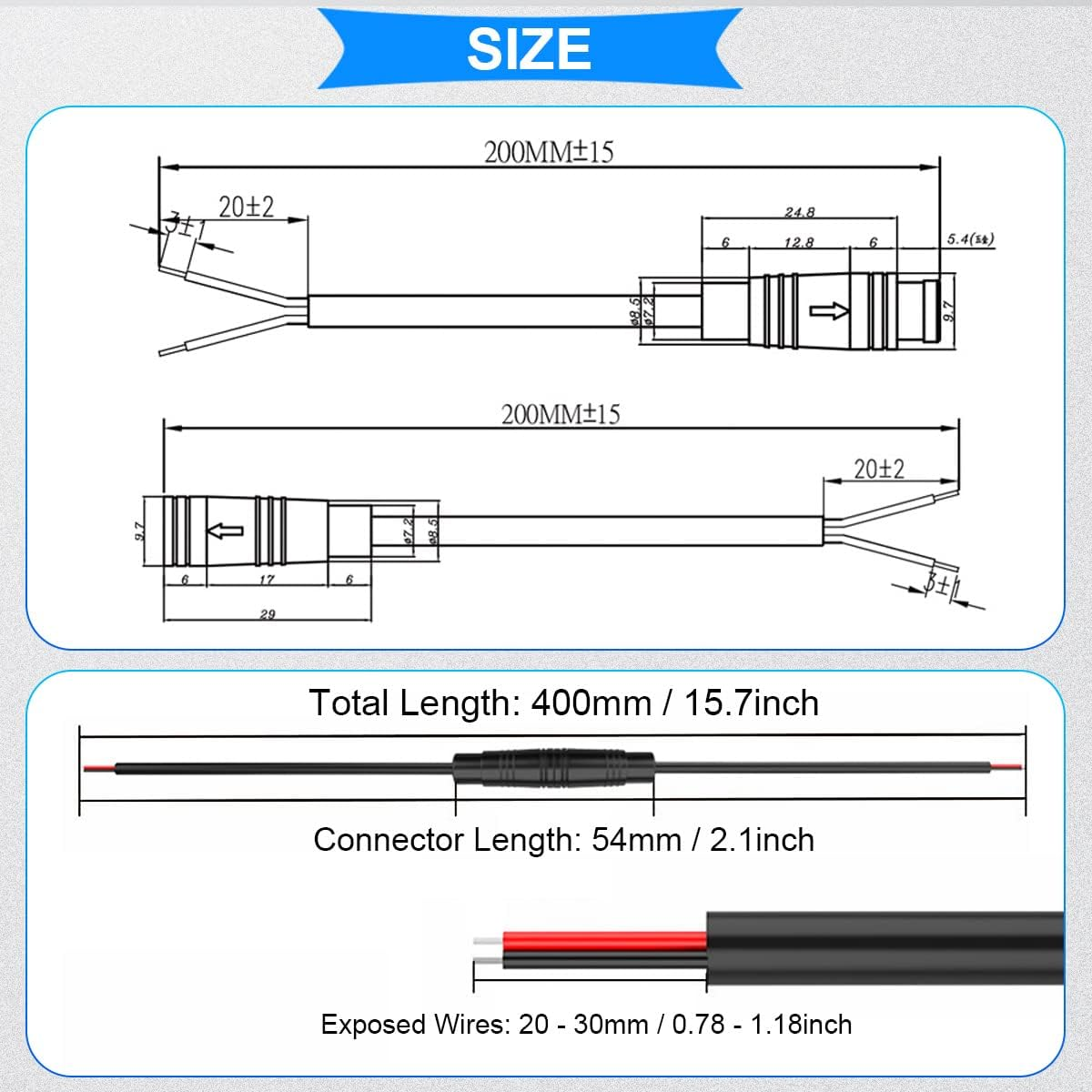Xiatiaosann 5 Pairs Waterproof Julet 2 Pin Connector Extension Cable for E-Bikes - 20Cm Female and Male Plug Wire for Electric Bike Light, Throttle Grip with 20 Pieces Heat Shrink Tube - 2 Pin image number 2